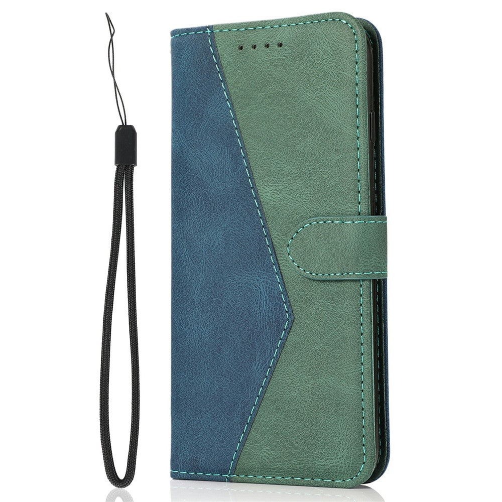 For Samsung Galaxy A57 5G Case Color Splicing Wallet Stand Leather Phone Cover with Wrist Strap - Blue  /  Green