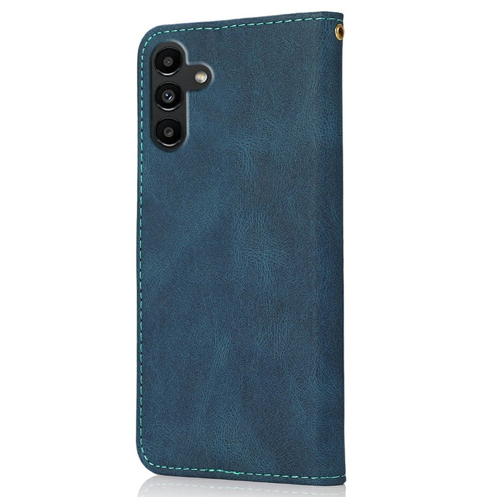 For Samsung Galaxy A57 5G Case Color Splicing Wallet Stand Leather Phone Cover with Wrist Strap - Blue  /  Green