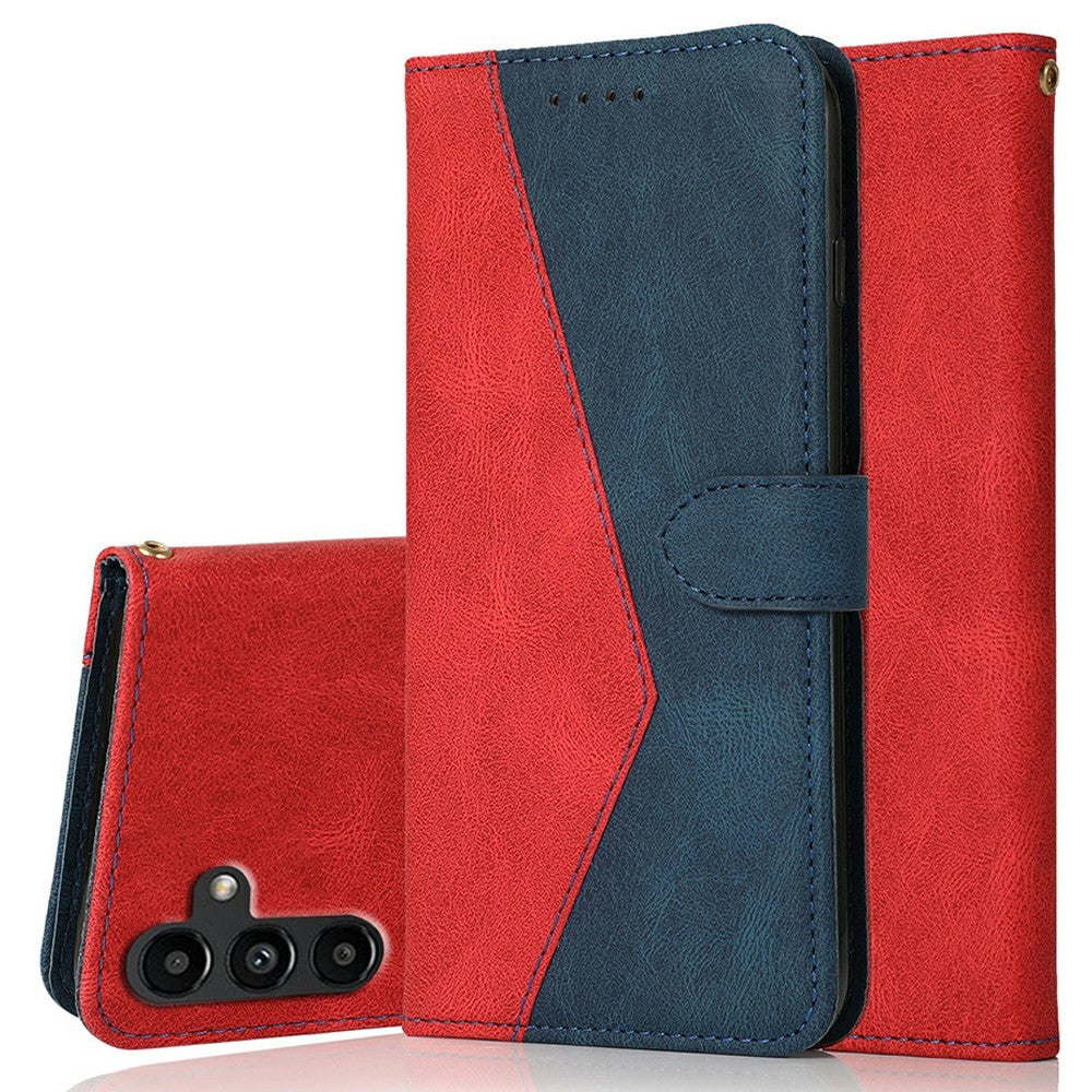 For Samsung Galaxy A57 5G Case Color Splicing Wallet Stand Leather Phone Cover with Wrist Strap - Red  /  Blue