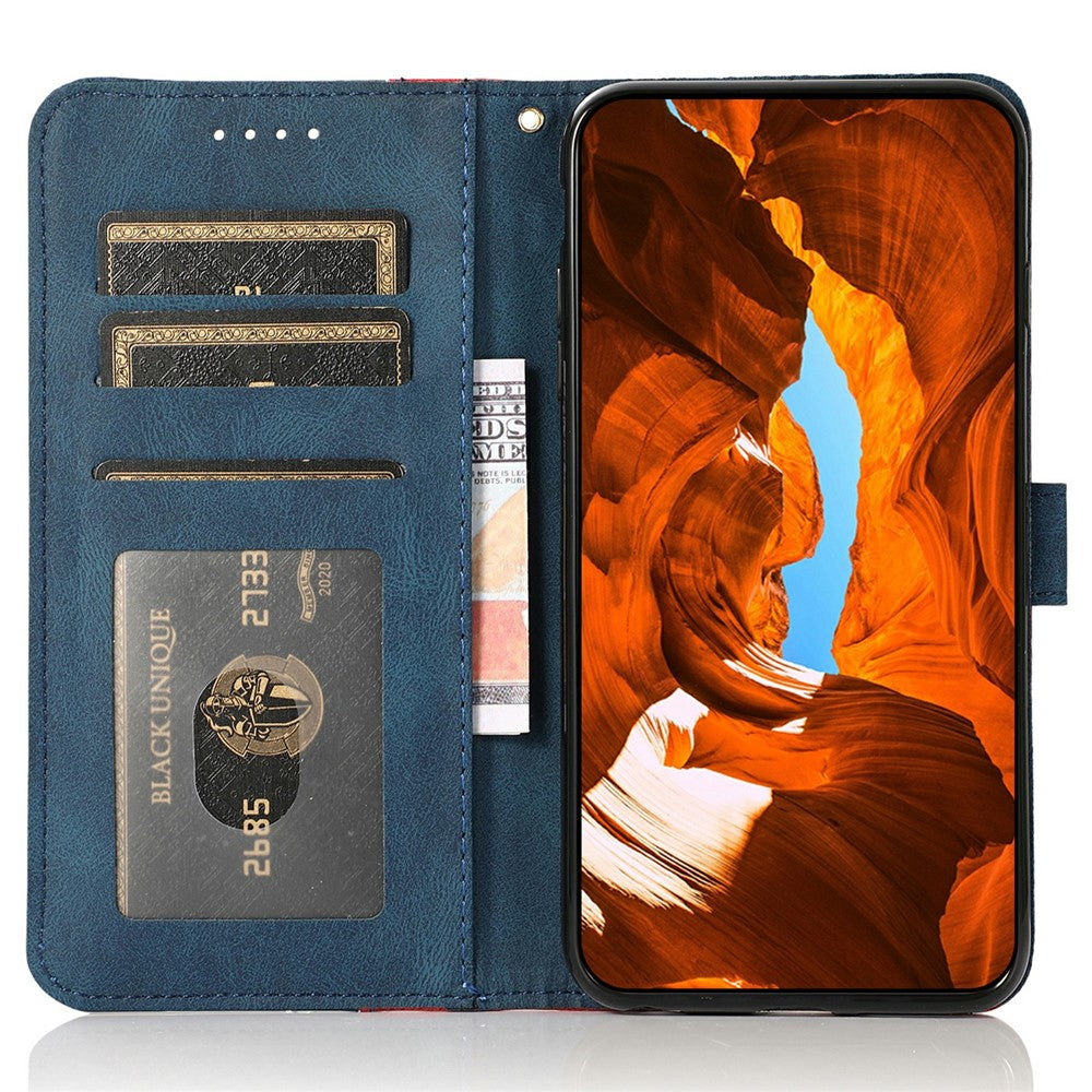 For Samsung Galaxy A57 5G Case Color Splicing Wallet Stand Leather Phone Cover with Wrist Strap - Red  /  Blue