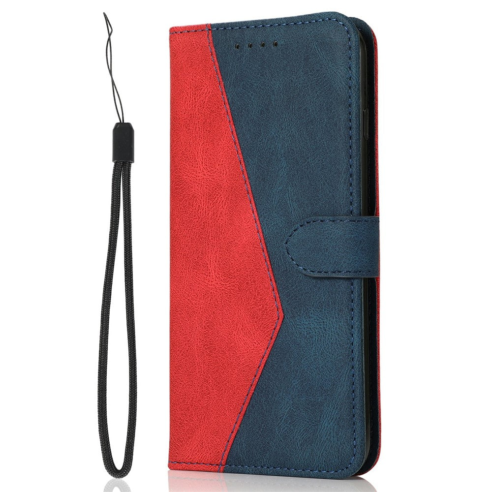 For Samsung Galaxy A57 5G Case Color Splicing Wallet Stand Leather Phone Cover with Wrist Strap - Red  /  Blue