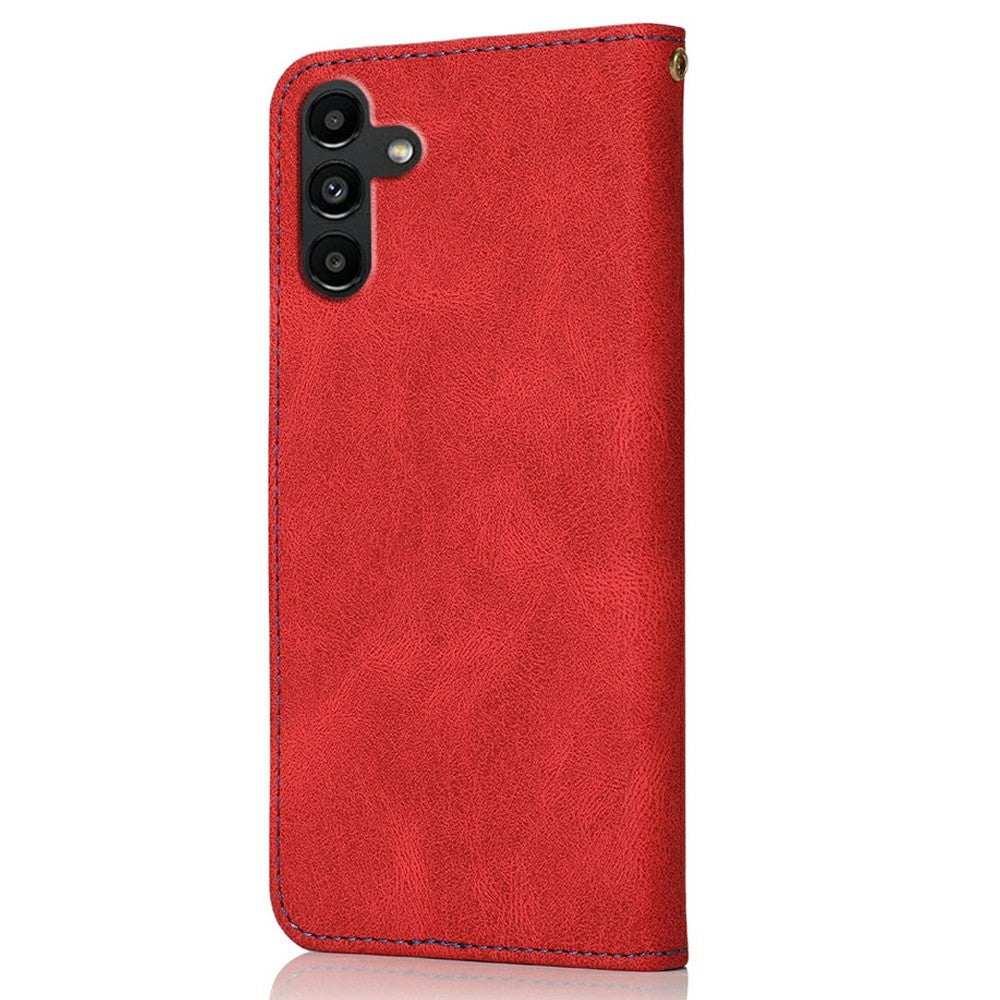 For Samsung Galaxy A57 5G Case Color Splicing Wallet Stand Leather Phone Cover with Wrist Strap - Red  /  Blue