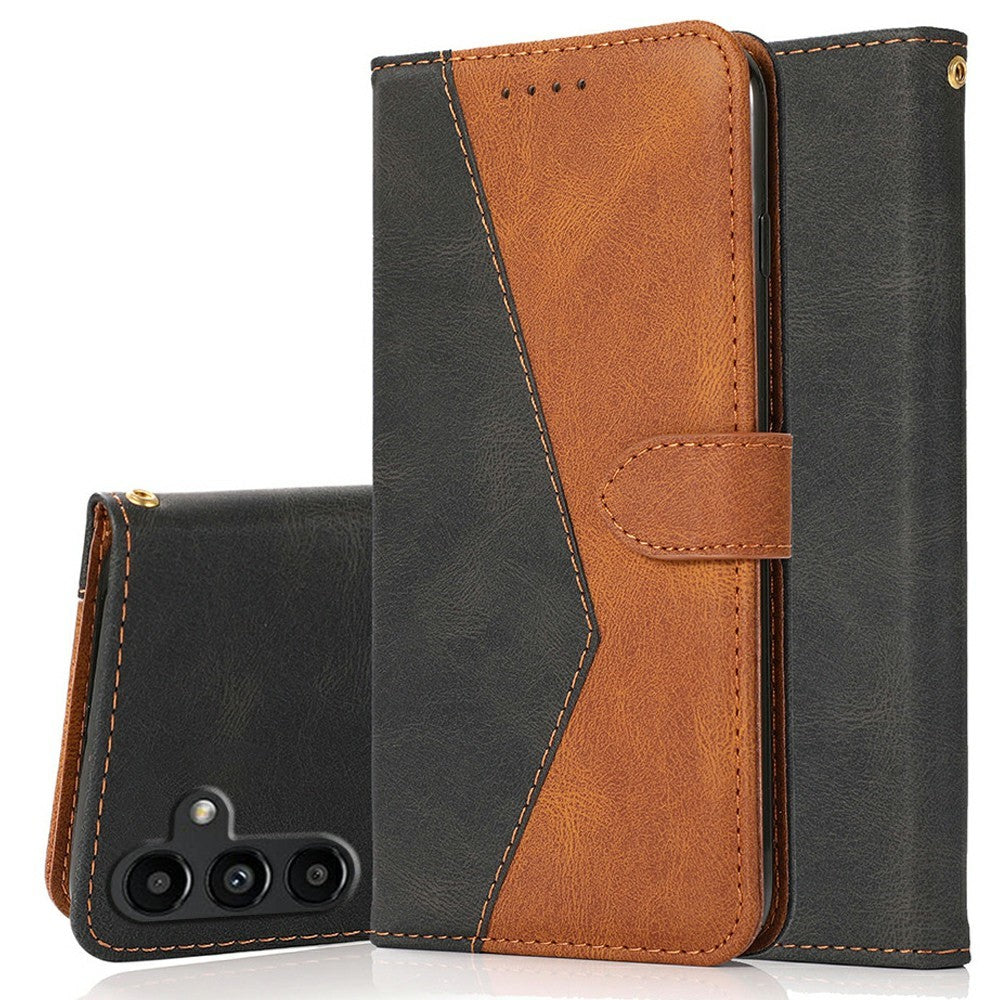 For Samsung Galaxy A57 5G Case Color Splicing Wallet Stand Leather Phone Cover with Wrist Strap - Black  /  Brown