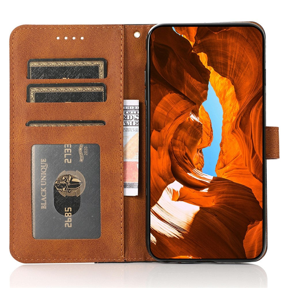 For Samsung Galaxy A57 5G Case Color Splicing Wallet Stand Leather Phone Cover with Wrist Strap - Black  /  Brown