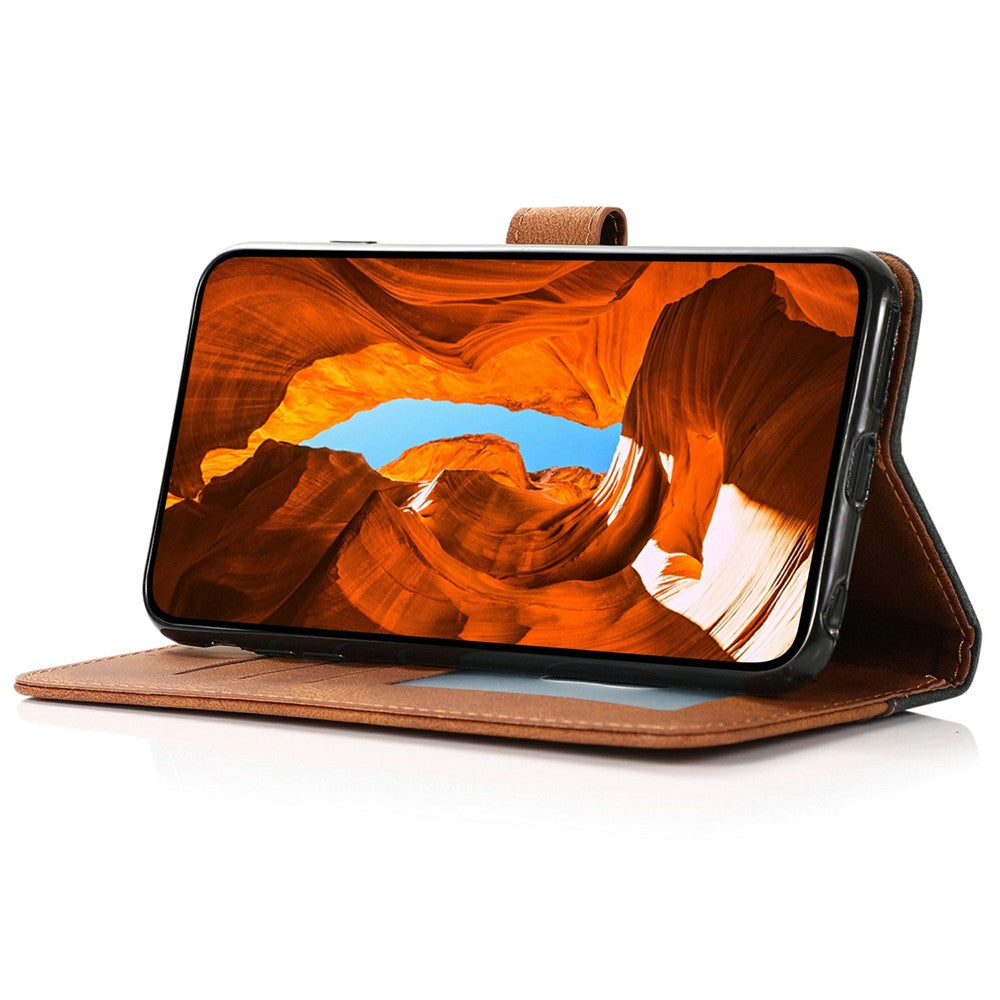 For Samsung Galaxy A57 5G Case Color Splicing Wallet Stand Leather Phone Cover with Wrist Strap - Black  /  Brown