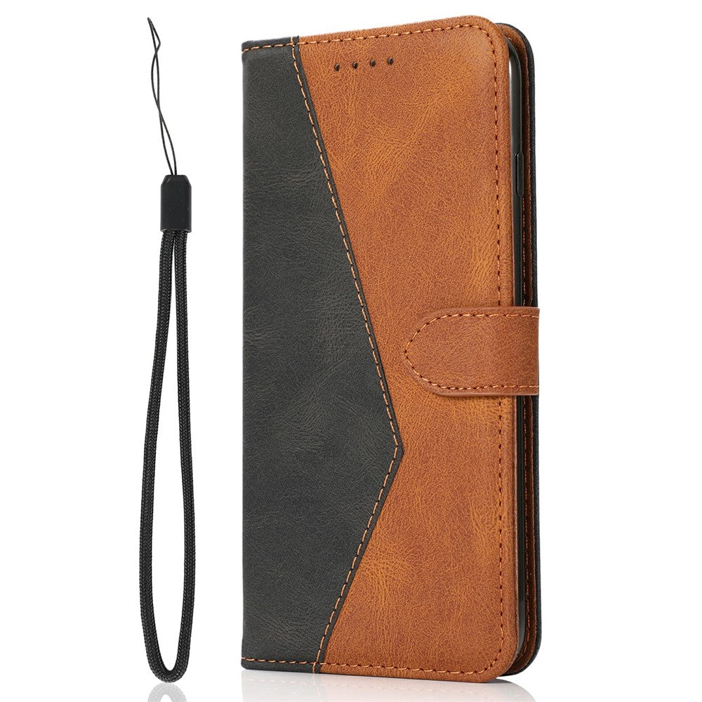 For Samsung Galaxy A57 5G Case Color Splicing Wallet Stand Leather Phone Cover with Wrist Strap - Black  /  Brown