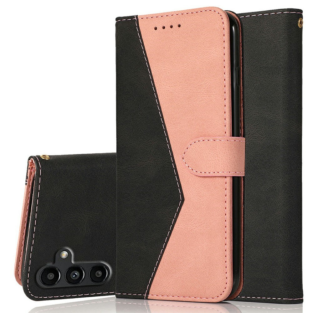 For Samsung Galaxy A57 5G Case Color Splicing Wallet Stand Leather Phone Cover with Wrist Strap - Black  /  Rose Gold