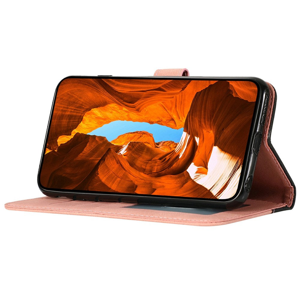 For Samsung Galaxy A57 5G Case Color Splicing Wallet Stand Leather Phone Cover with Wrist Strap - Black  /  Rose Gold