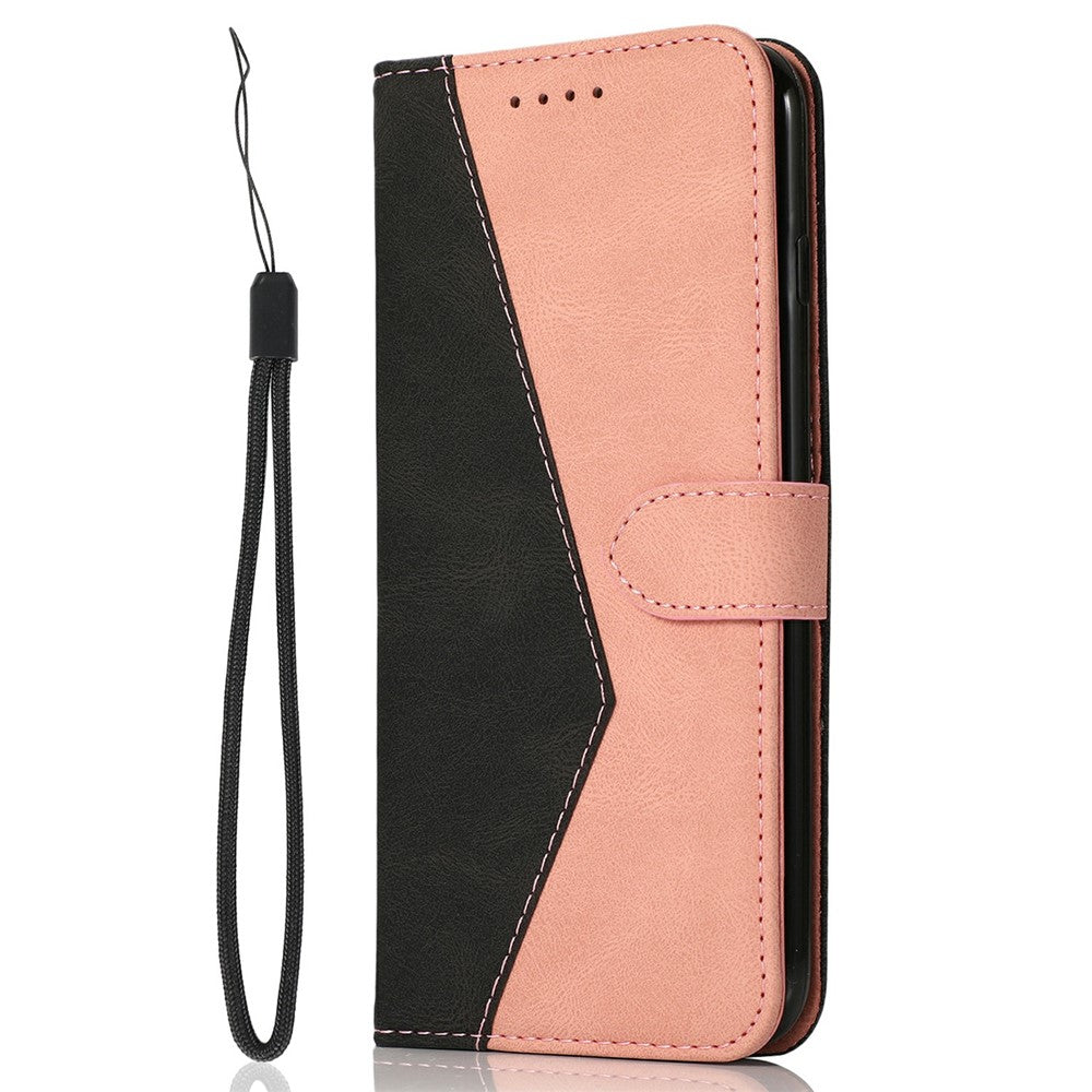 For Samsung Galaxy A57 5G Case Color Splicing Wallet Stand Leather Phone Cover with Wrist Strap - Black  /  Rose Gold
