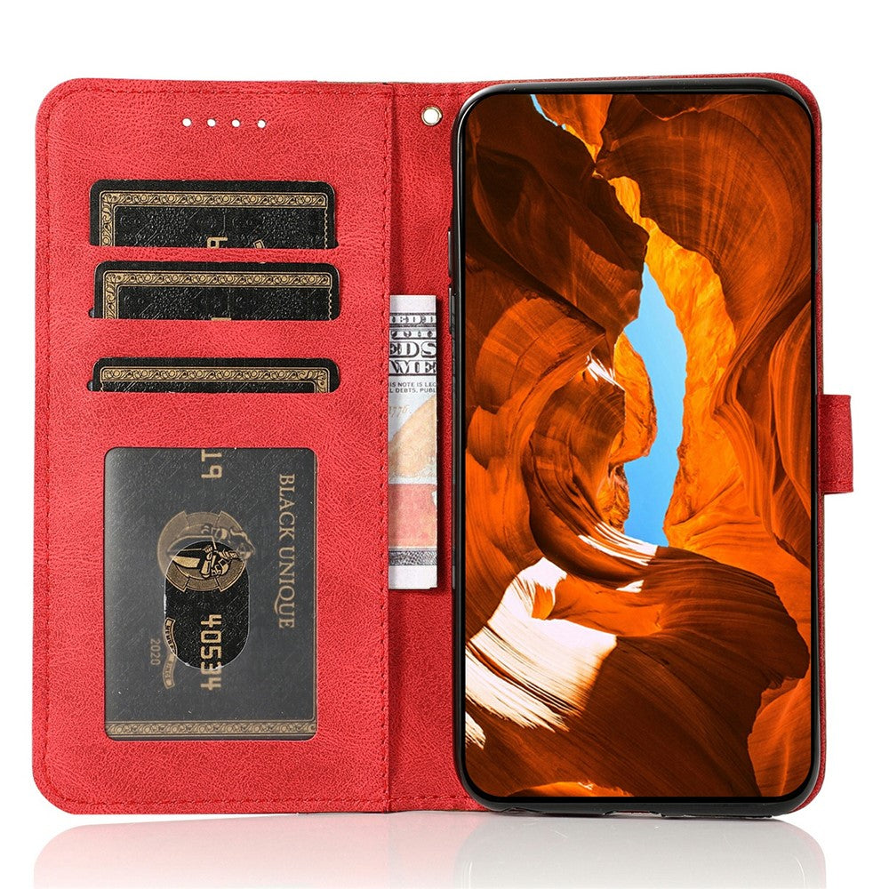 For Samsung Galaxy A57 5G Case Color Splicing Wallet Stand Leather Phone Cover with Wrist Strap - Brown  /  Red