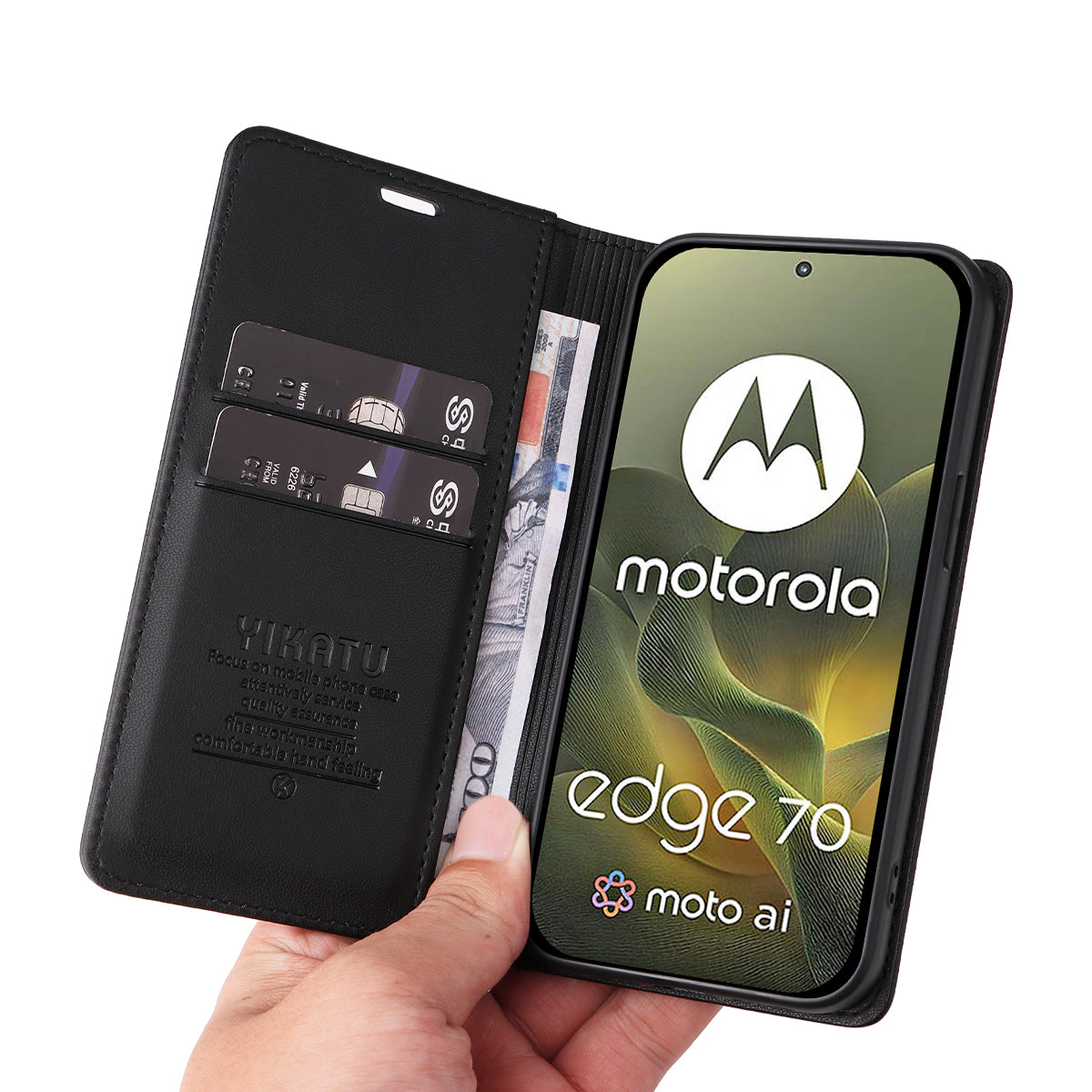 For Motorola Edge 70 5G Phone Cases YIKATU Magnetic Closure PU Leather Mobile Cover - Black