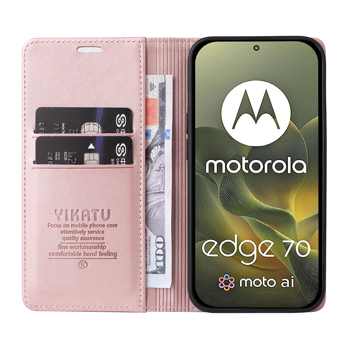 For Motorola Edge 70 5G Phone Cases YIKATU Magnetic Closure PU Leather Mobile Cover -  Rose Gold
