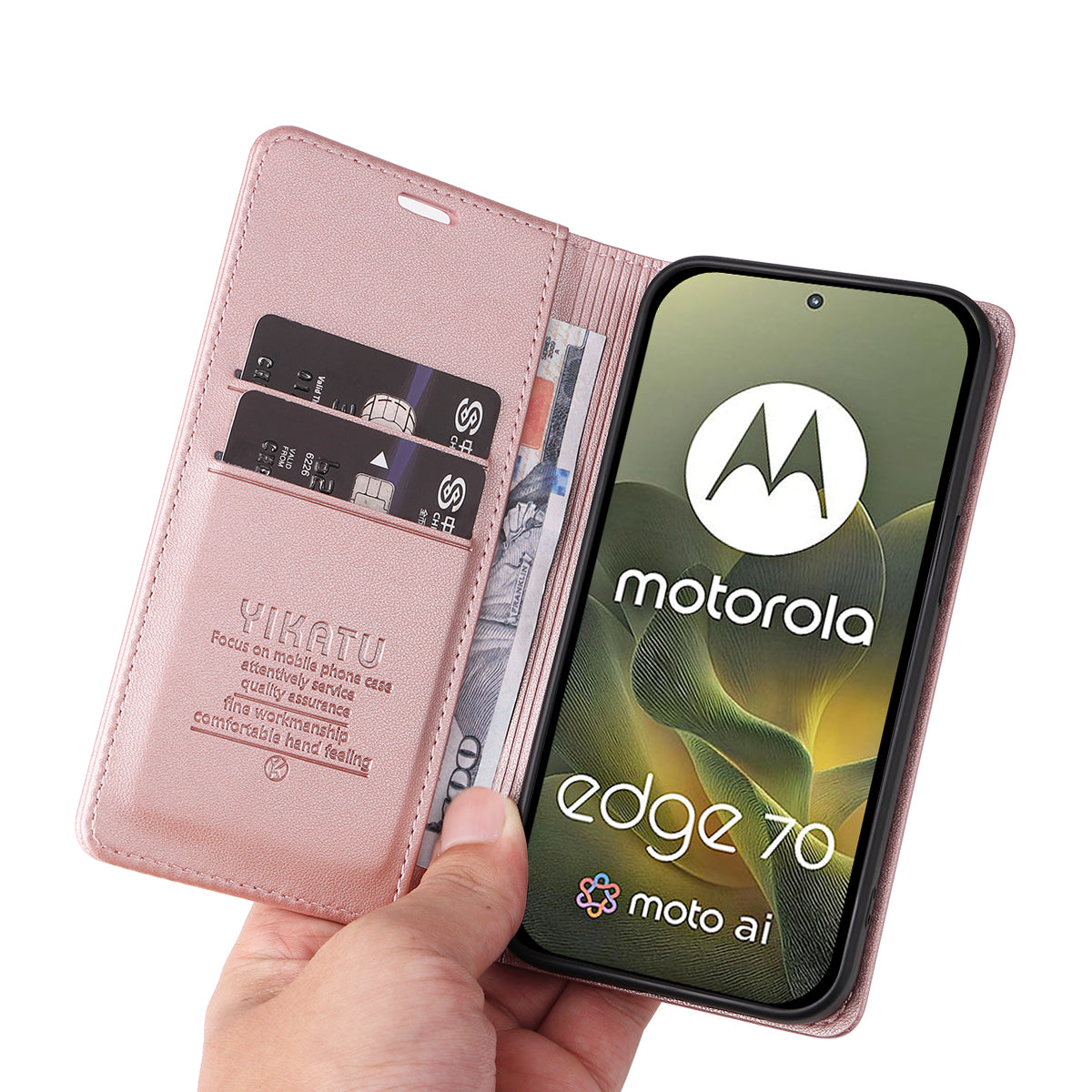 For Motorola Edge 70 5G Phone Cases YIKATU Magnetic Closure PU Leather Mobile Cover -  Rose Gold