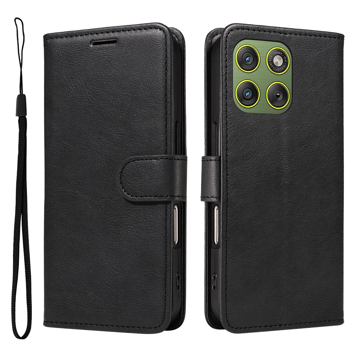 For Motorola Edge 70 5G Leather Wallet Case with Strap Solid Color Phone Stand Cover - Black