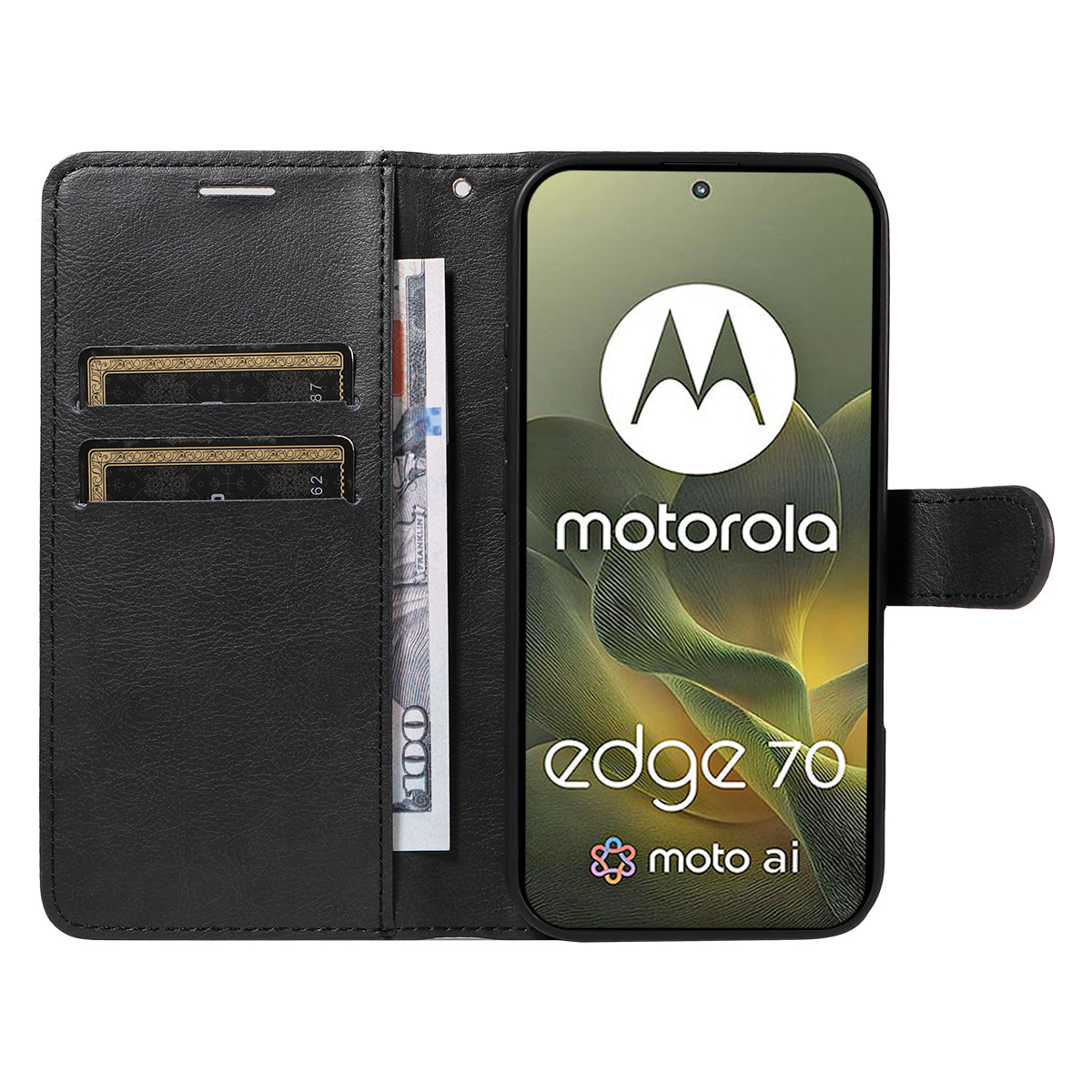 For Motorola Edge 70 5G Leather Wallet Case with Strap Solid Color Phone Stand Cover - Black