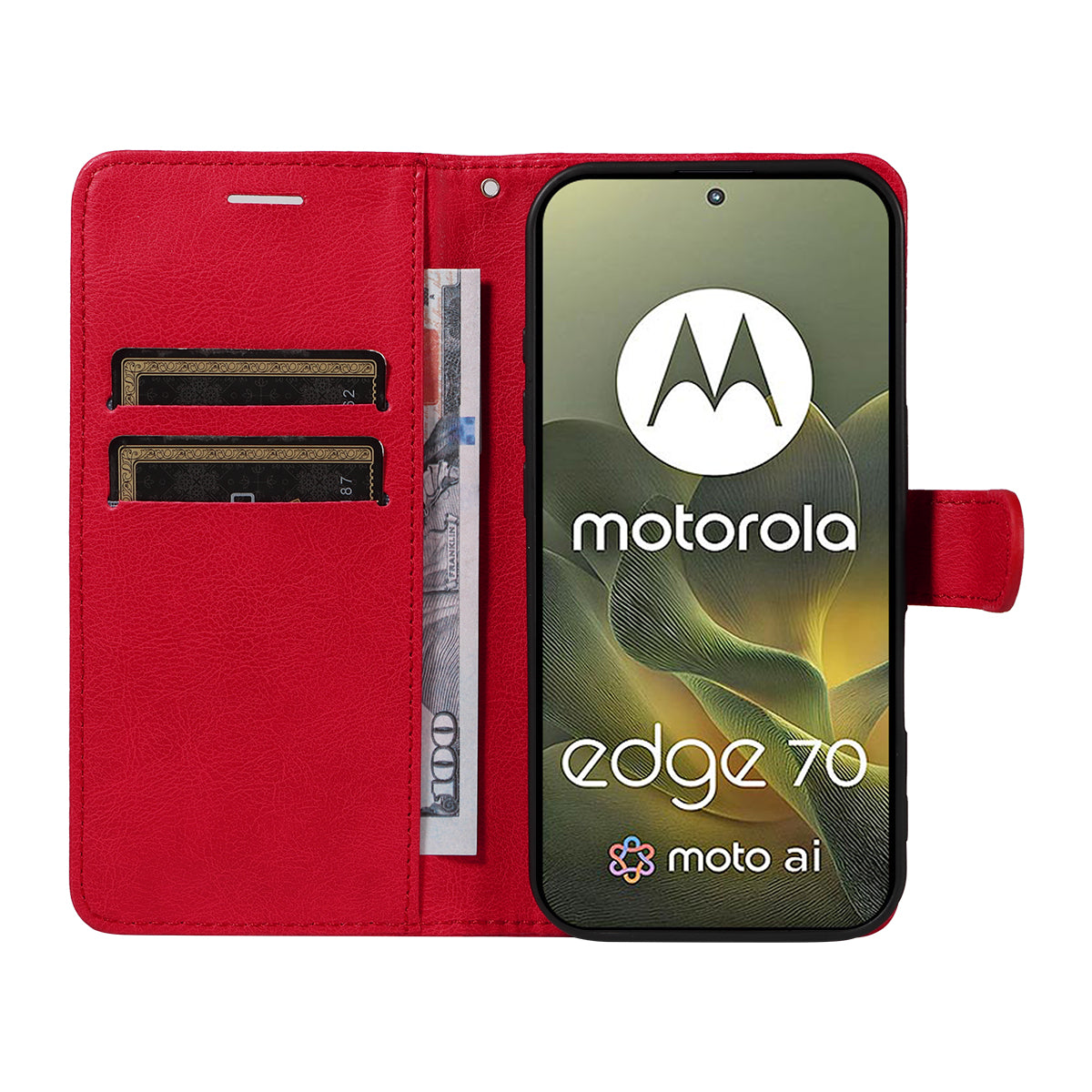 For Motorola Edge 70 5G Leather Wallet Case with Strap Solid Color Phone Stand Cover - Red