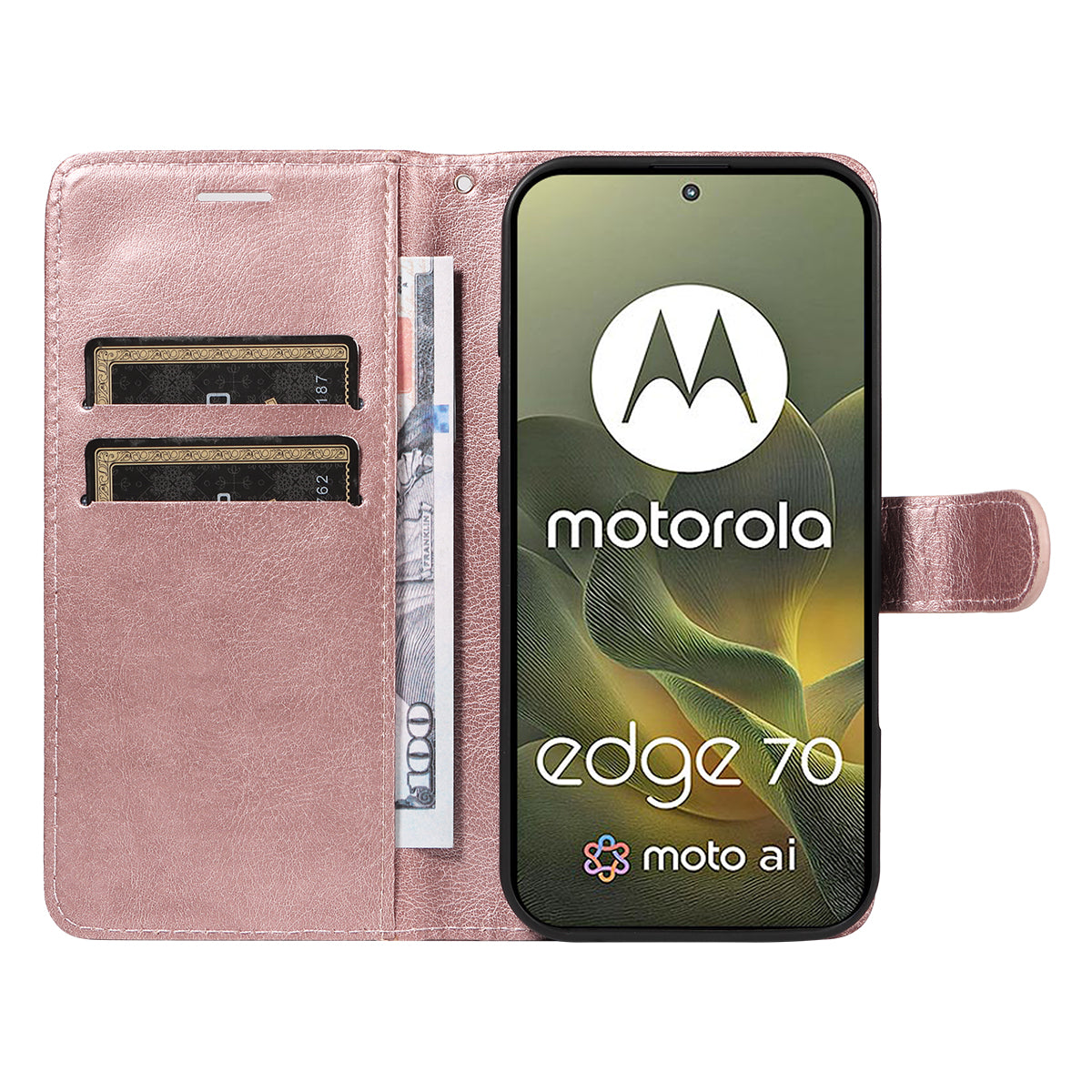 For Motorola Edge 70 5G Leather Wallet Case with Strap Solid Color Phone Stand Cover - Rose Gold