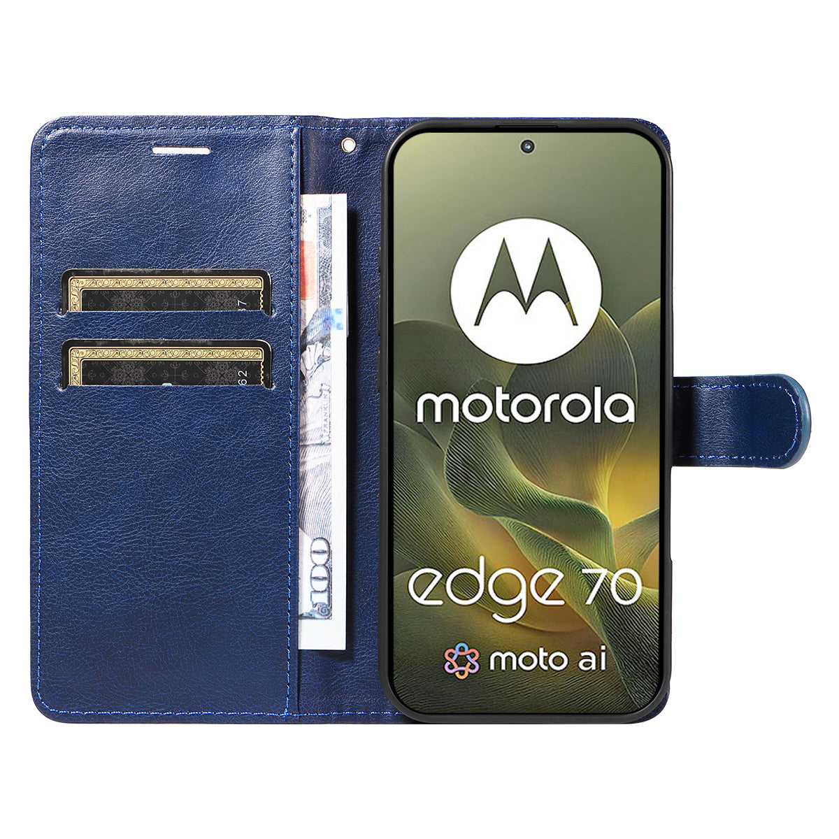 For Motorola Edge 70 5G Leather Wallet Case with Strap Solid Color Phone Stand Cover - Blue