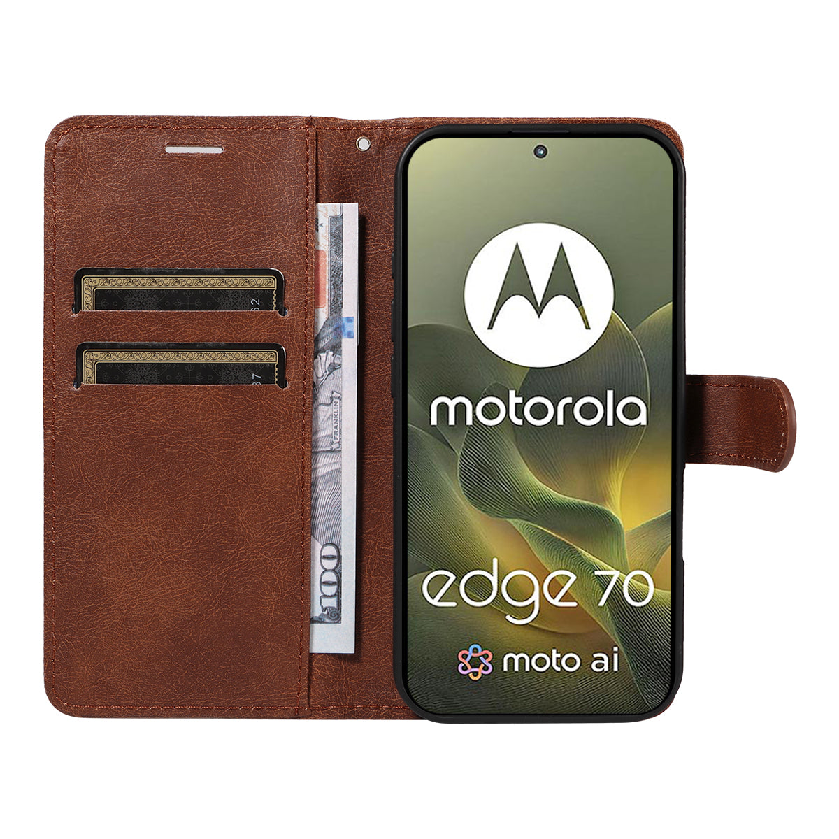For Motorola Edge 70 5G Leather Wallet Case with Strap Solid Color Phone Stand Cover - Brown