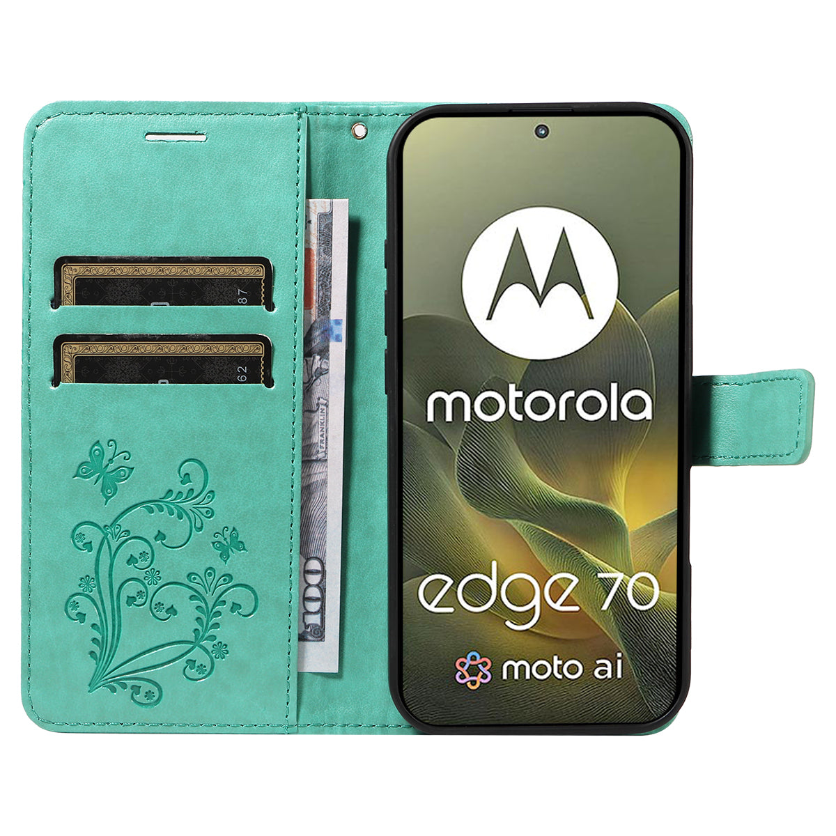 For Motorola Edge 70 5G Wallet Case Floral Butterfly Imprinted Leather Phone Cover Stand -  Green