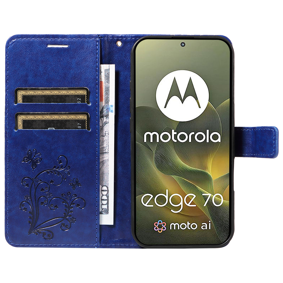 For Motorola Edge 70 5G Wallet Case Floral Butterfly Imprinted Leather Phone Cover Stand - Blue