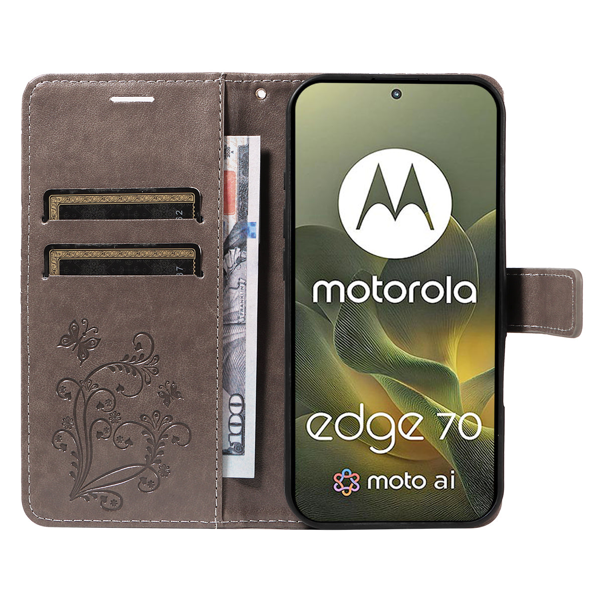 For Motorola Edge 70 5G Wallet Case Floral Butterfly Imprinted Leather Phone Cover Stand - Grey
