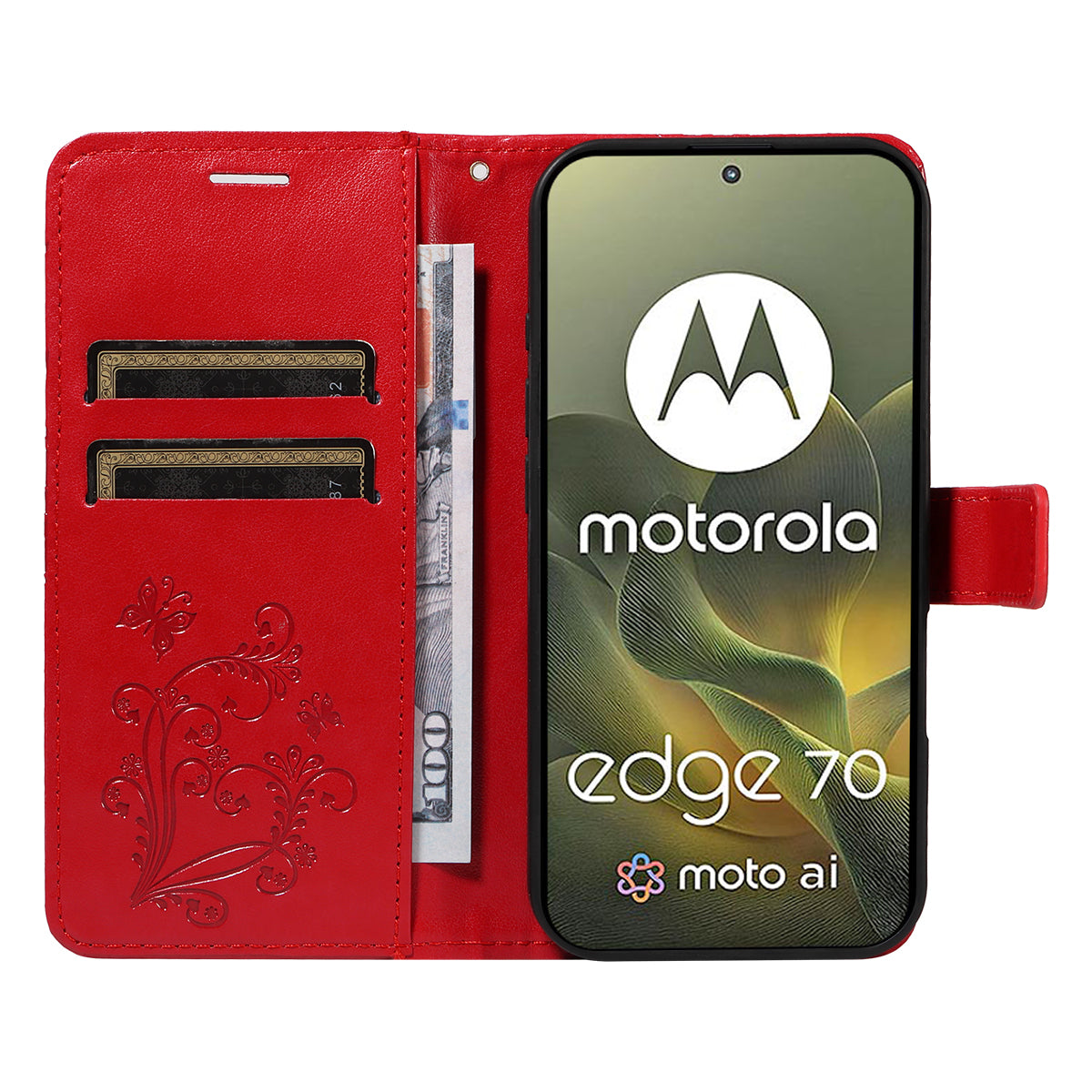 For Motorola Edge 70 5G Wallet Case Floral Butterfly Imprinted Leather Phone Cover Stand - Red
