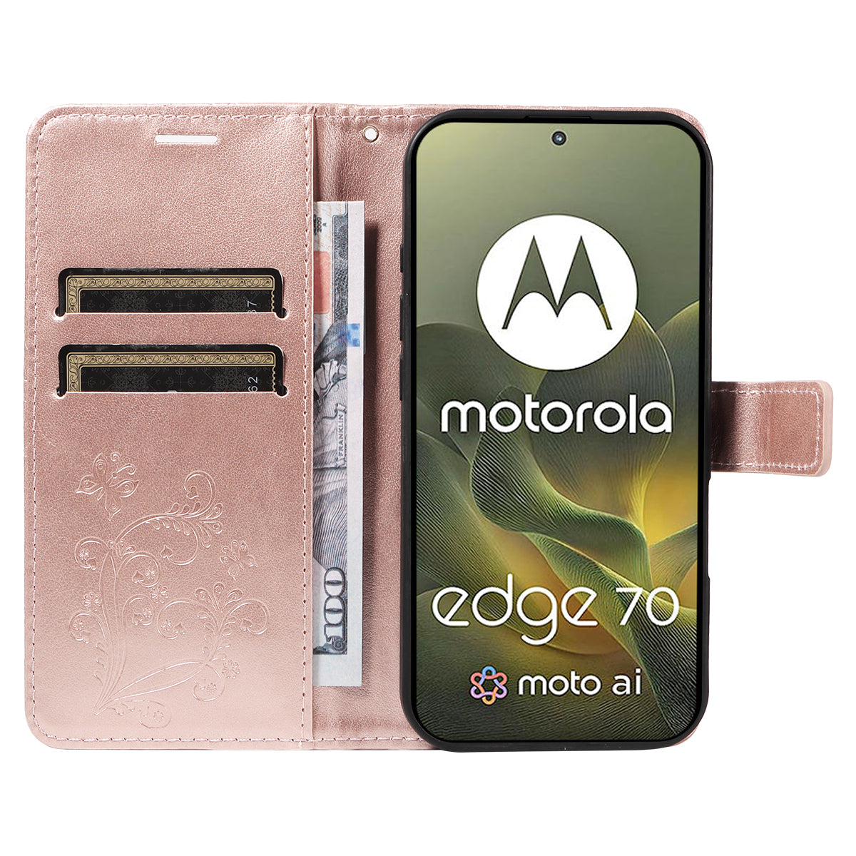 For Motorola Edge 70 5G Wallet Case Floral Butterfly Imprinted Leather Phone Cover Stand -  Rose Gold