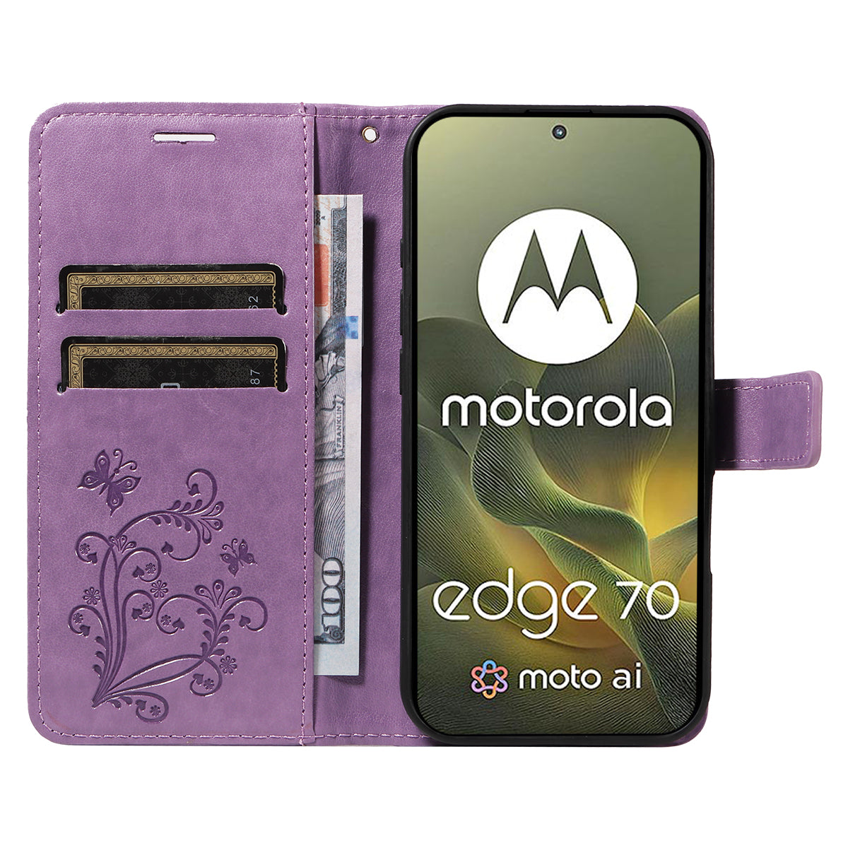 For Motorola Edge 70 5G Wallet Case Floral Butterfly Imprinted Leather Phone Cover Stand - Light Purple