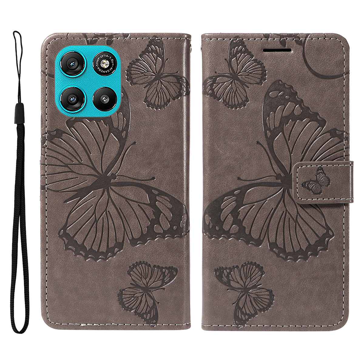 For Motorola Moto G57 Power 5G / Motorola Moto G100 5G (2025) / Motorola Moto G67 Power 5G Wallet Case Floral Butterfly Imprinted Leather Phone Cover Stand - Grey