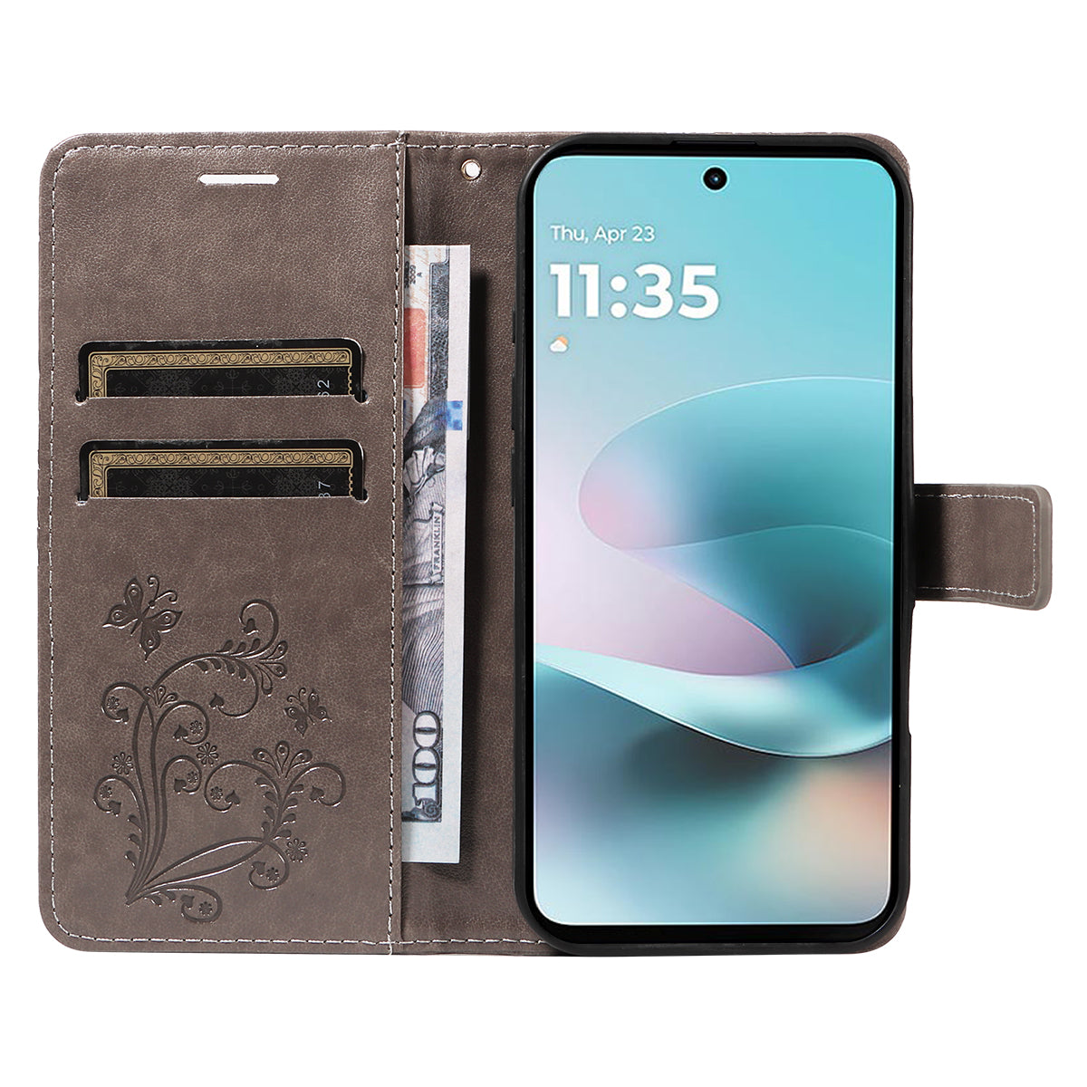 For Motorola Moto G57 Power 5G / Motorola Moto G100 5G (2025) / Motorola Moto G67 Power 5G Wallet Case Floral Butterfly Imprinted Leather Phone Cover Stand - Grey