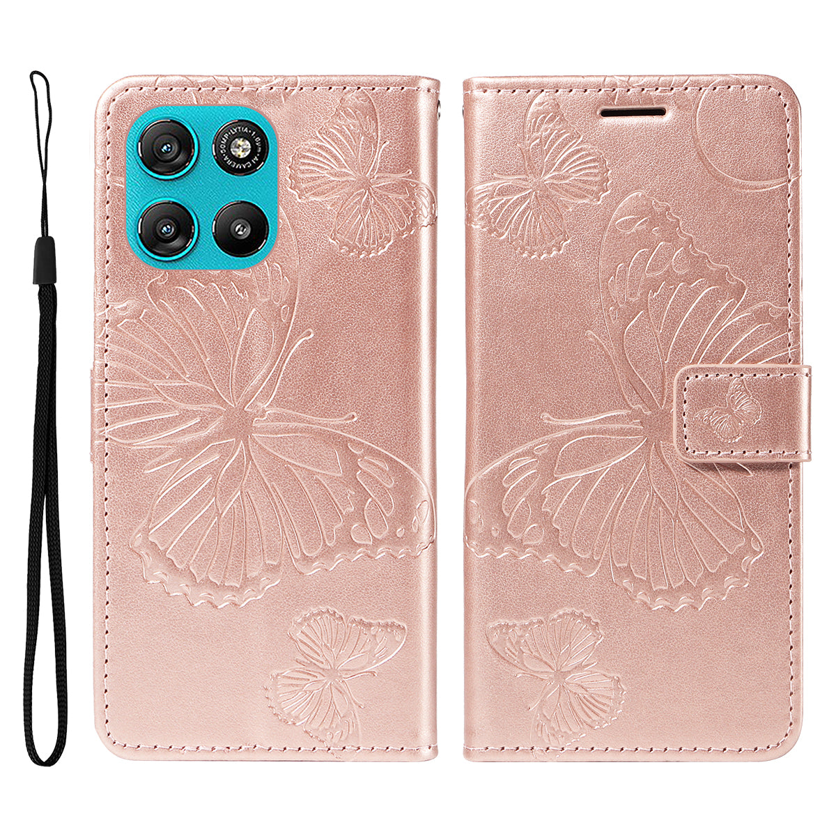 For Motorola Moto G57 Power 5G / Motorola Moto G100 5G (2025) / Motorola Moto G67 Power 5G Wallet Case Floral Butterfly Imprinted Leather Phone Cover Stand -  Rose Gold