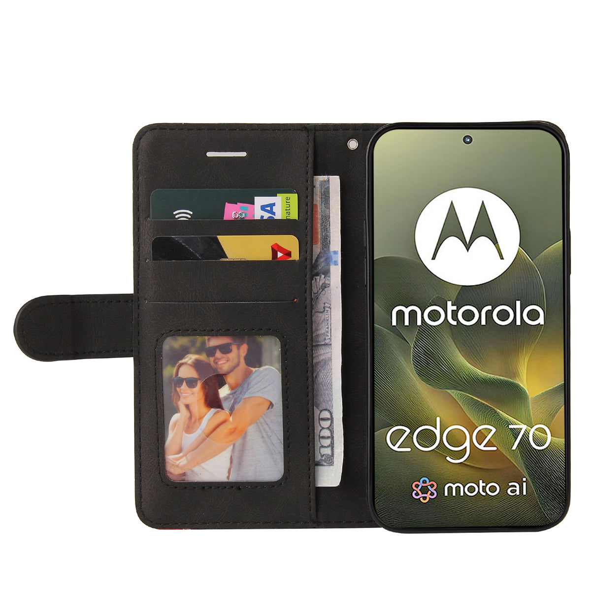 For Motorola Edge 70 5G Leather Phone Case Stand Wallet with Bi-colour Splicing Design - Black