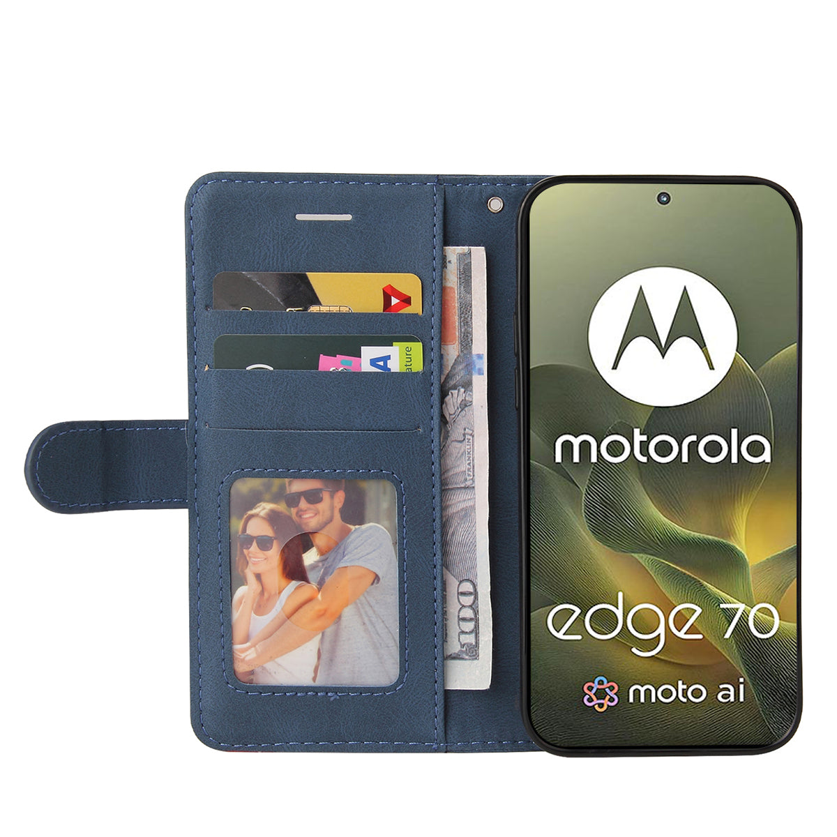 For Motorola Edge 70 5G Leather Phone Case Stand Wallet with Bi-colour Splicing Design - Blue