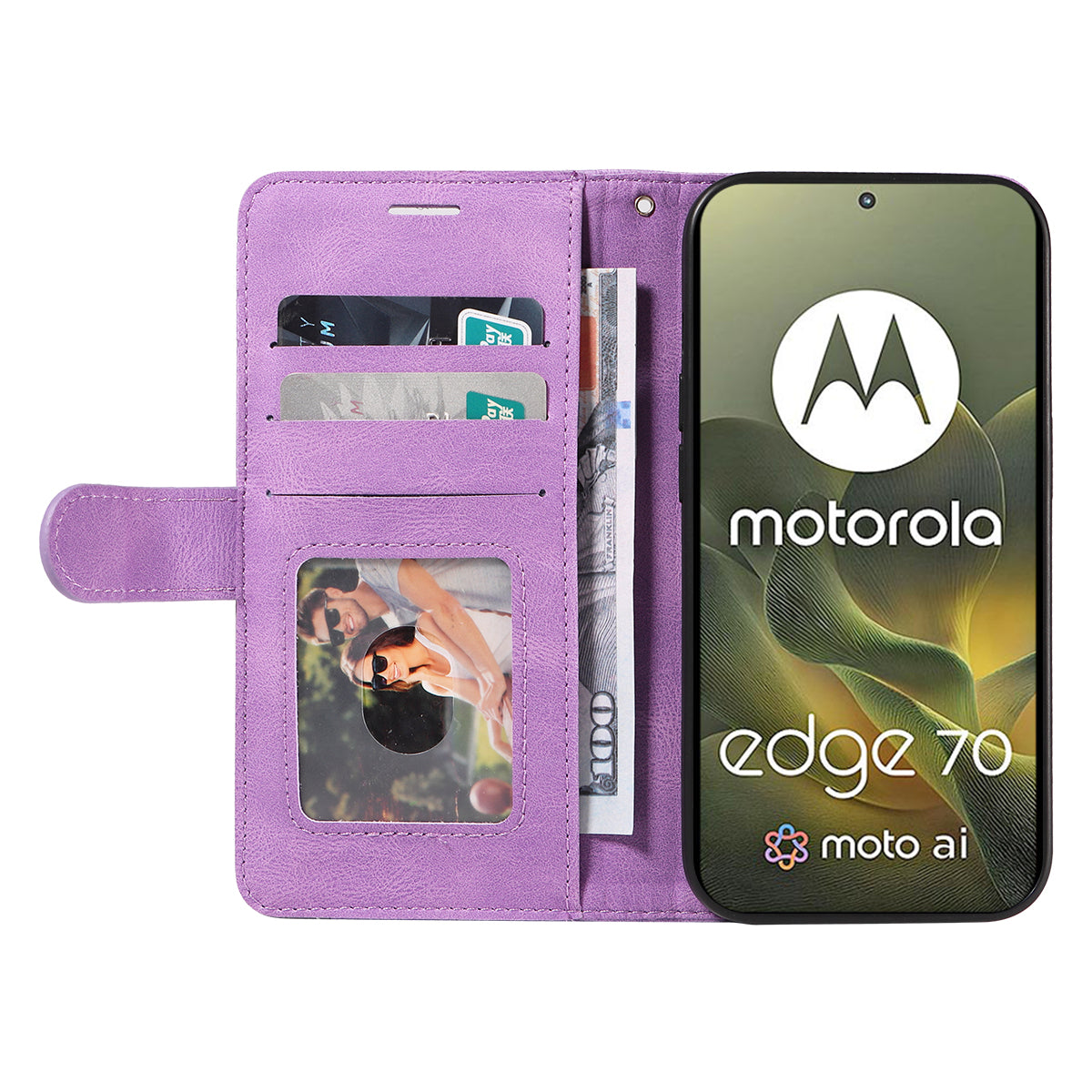 For Motorola Edge 70 5G Leather Phone Case Stand Wallet with Bi-colour Splicing Design - Purple