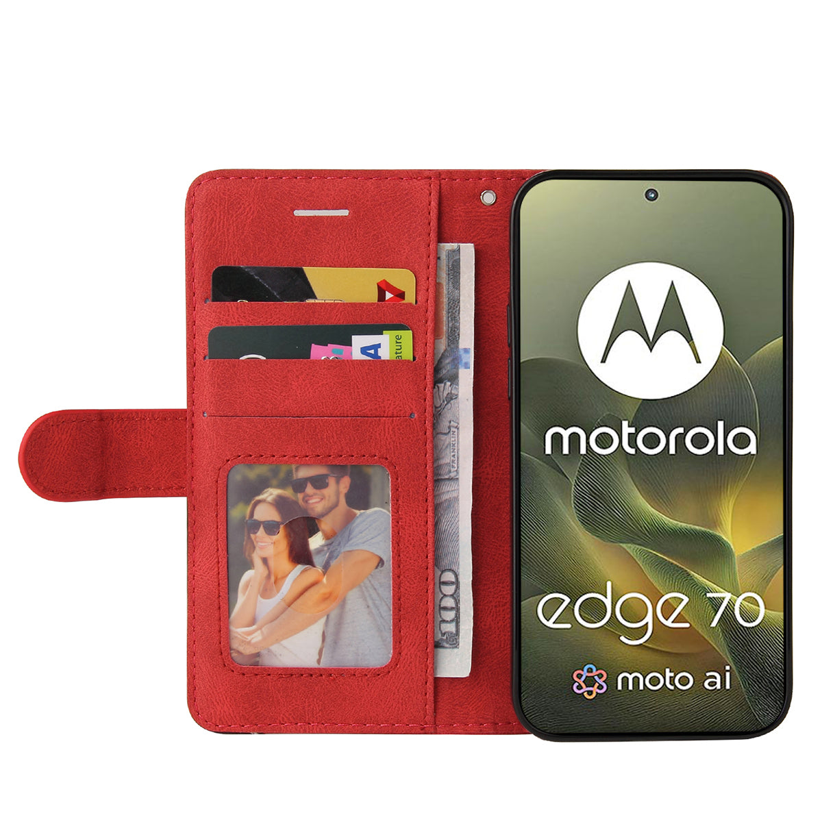 For Motorola Edge 70 5G Leather Phone Case Stand Wallet with Bi-colour Splicing Design - Red