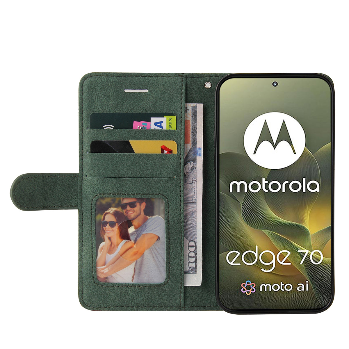 For Motorola Edge 70 5G Leather Phone Case Stand Wallet with Bi-colour Splicing Design - Green