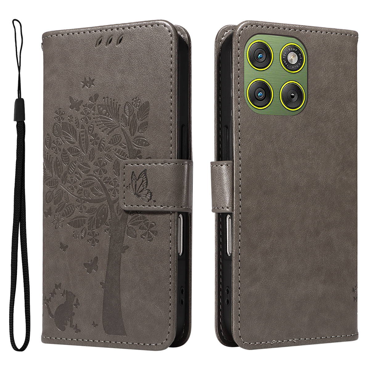 For Motorola Edge 70 5G Phone Case with Stand Cat Tree Pattern Leather Wallet Mobile Cover - Grey