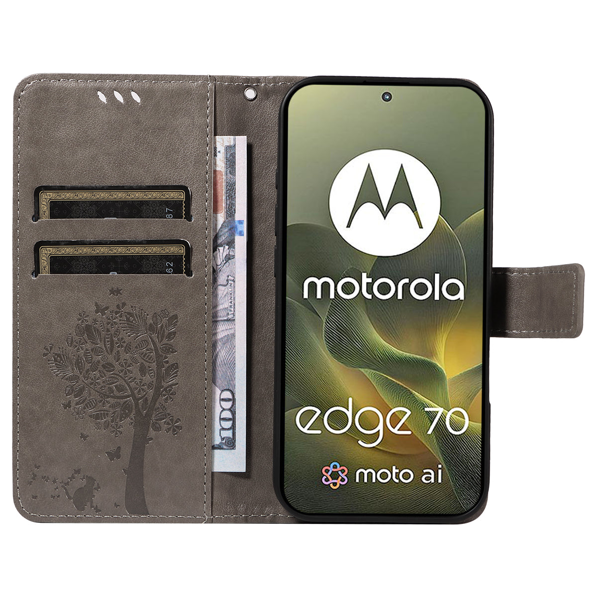 For Motorola Edge 70 5G Phone Case with Stand Cat Tree Pattern Leather Wallet Mobile Cover - Grey