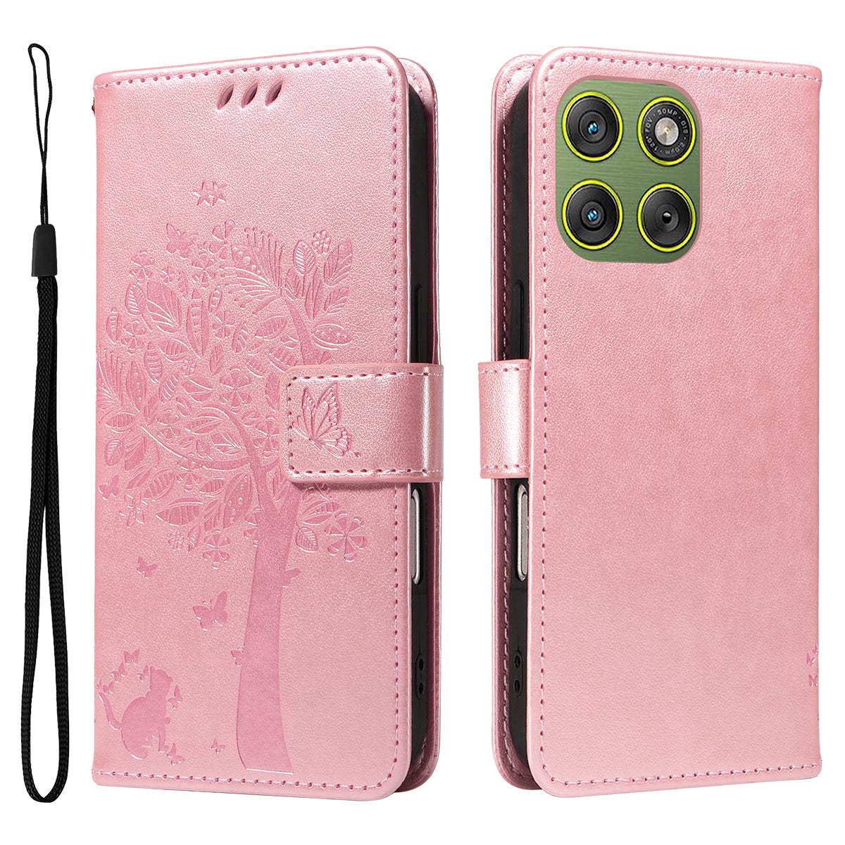 For Motorola Edge 70 5G Phone Case with Stand Cat Tree Pattern Leather Wallet Mobile Cover - Rose Gold