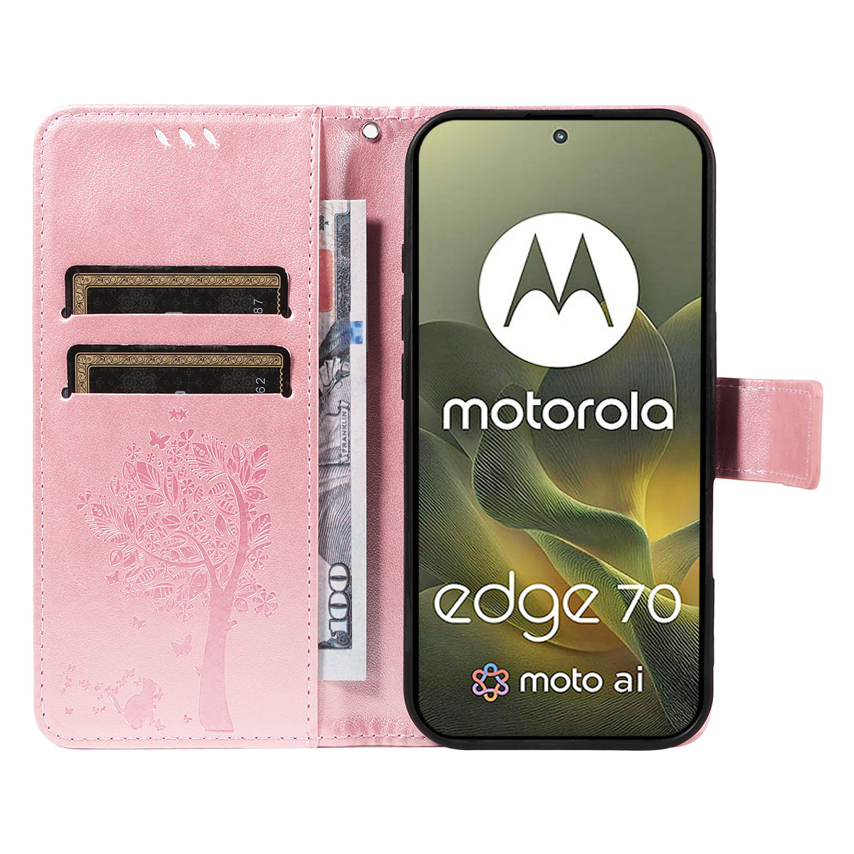 For Motorola Edge 70 5G Phone Case with Stand Cat Tree Pattern Leather Wallet Mobile Cover - Rose Gold