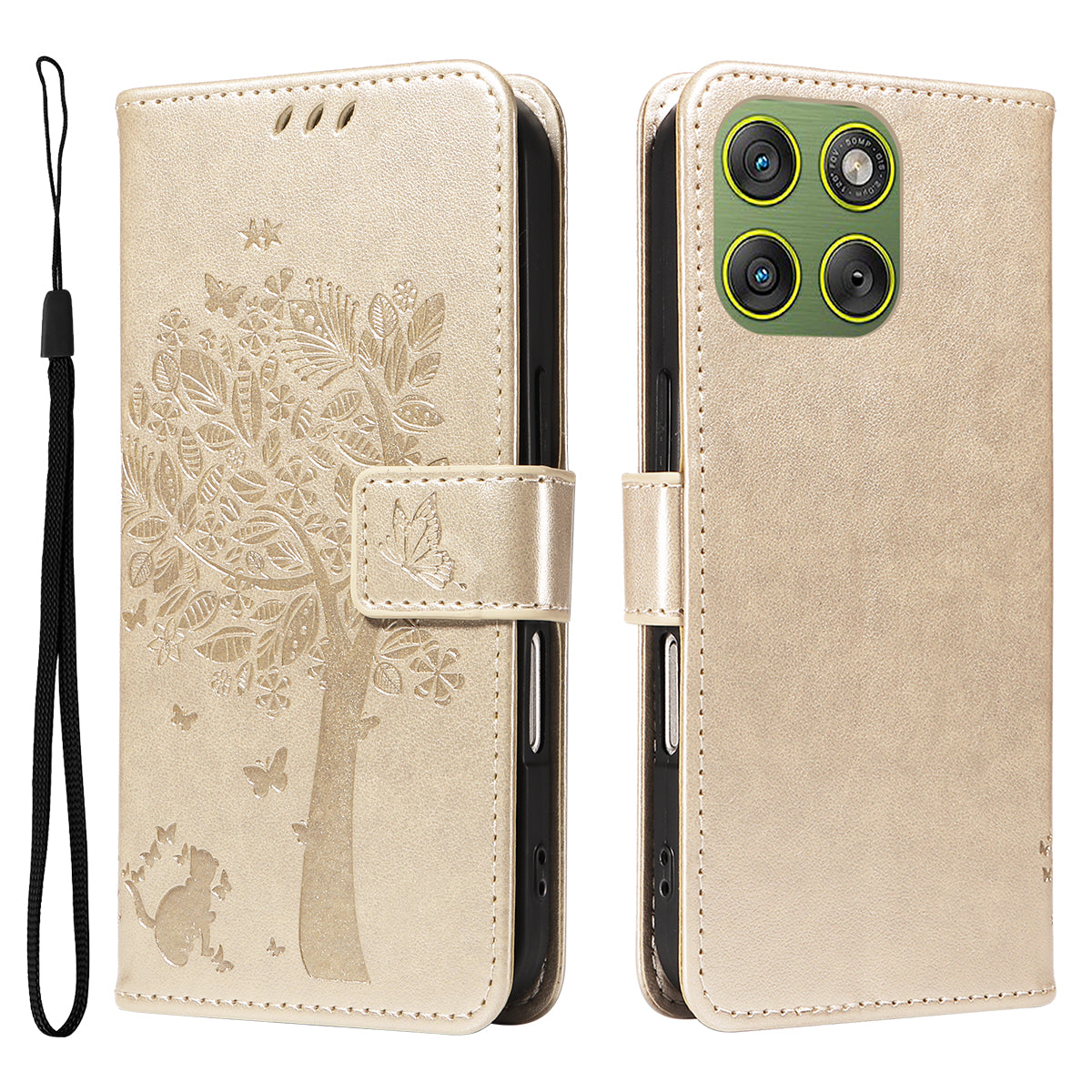 For Motorola Edge 70 5G Phone Case with Stand Cat Tree Pattern Leather Wallet Mobile Cover - Gold
