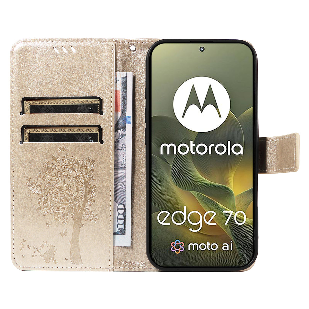 For Motorola Edge 70 5G Phone Case with Stand Cat Tree Pattern Leather Wallet Mobile Cover - Gold