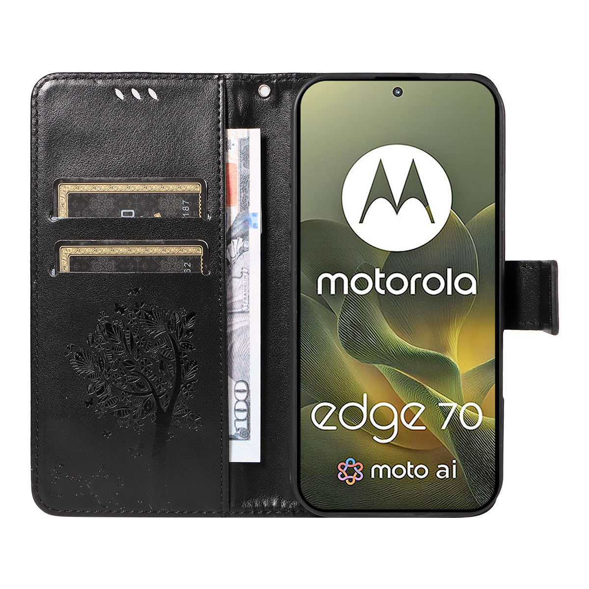 For Motorola Edge 70 5G Phone Case with Stand Cat Tree Pattern Leather Wallet Mobile Cover -  Black