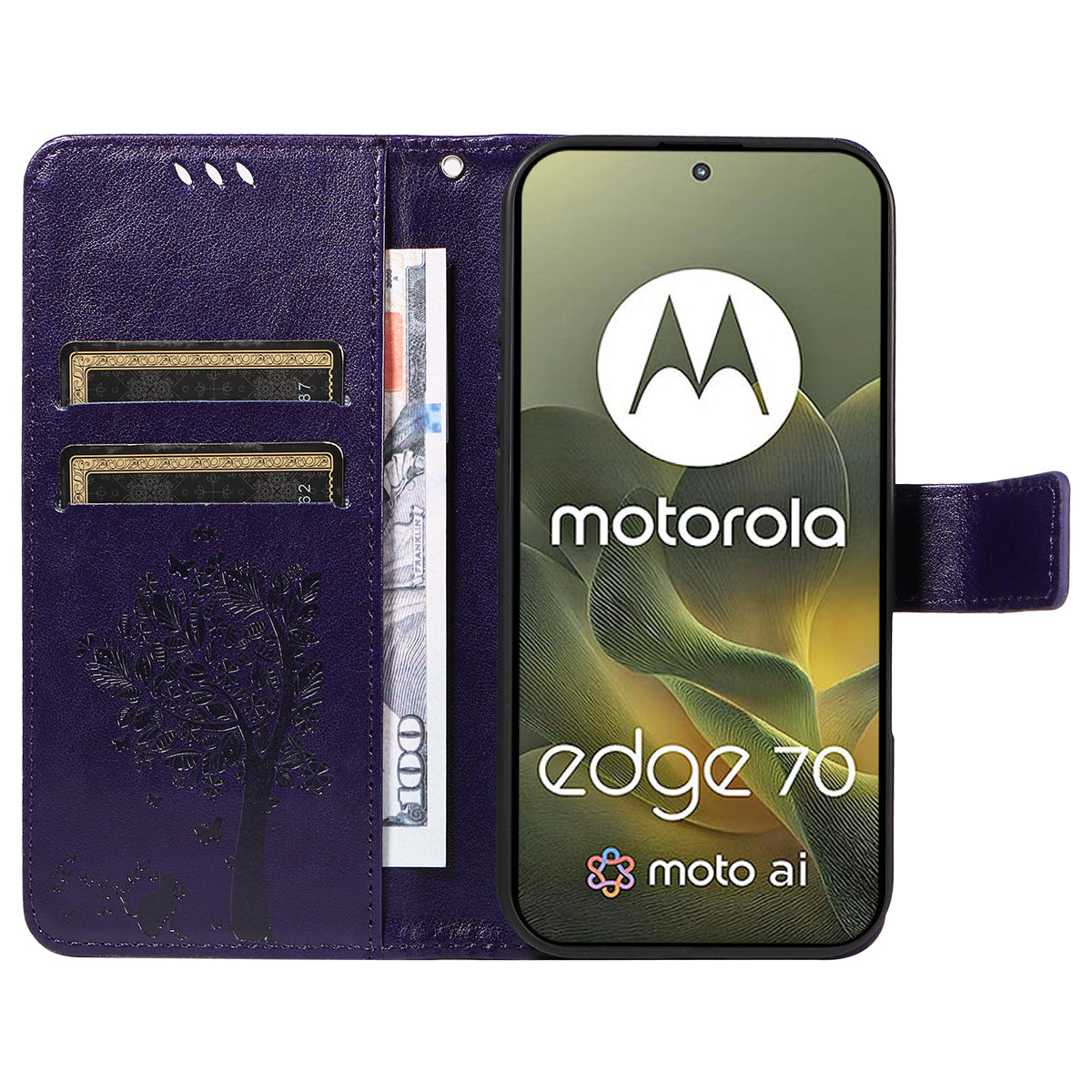 For Motorola Edge 70 5G Phone Case with Stand Cat Tree Pattern Leather Wallet Mobile Cover - Purple