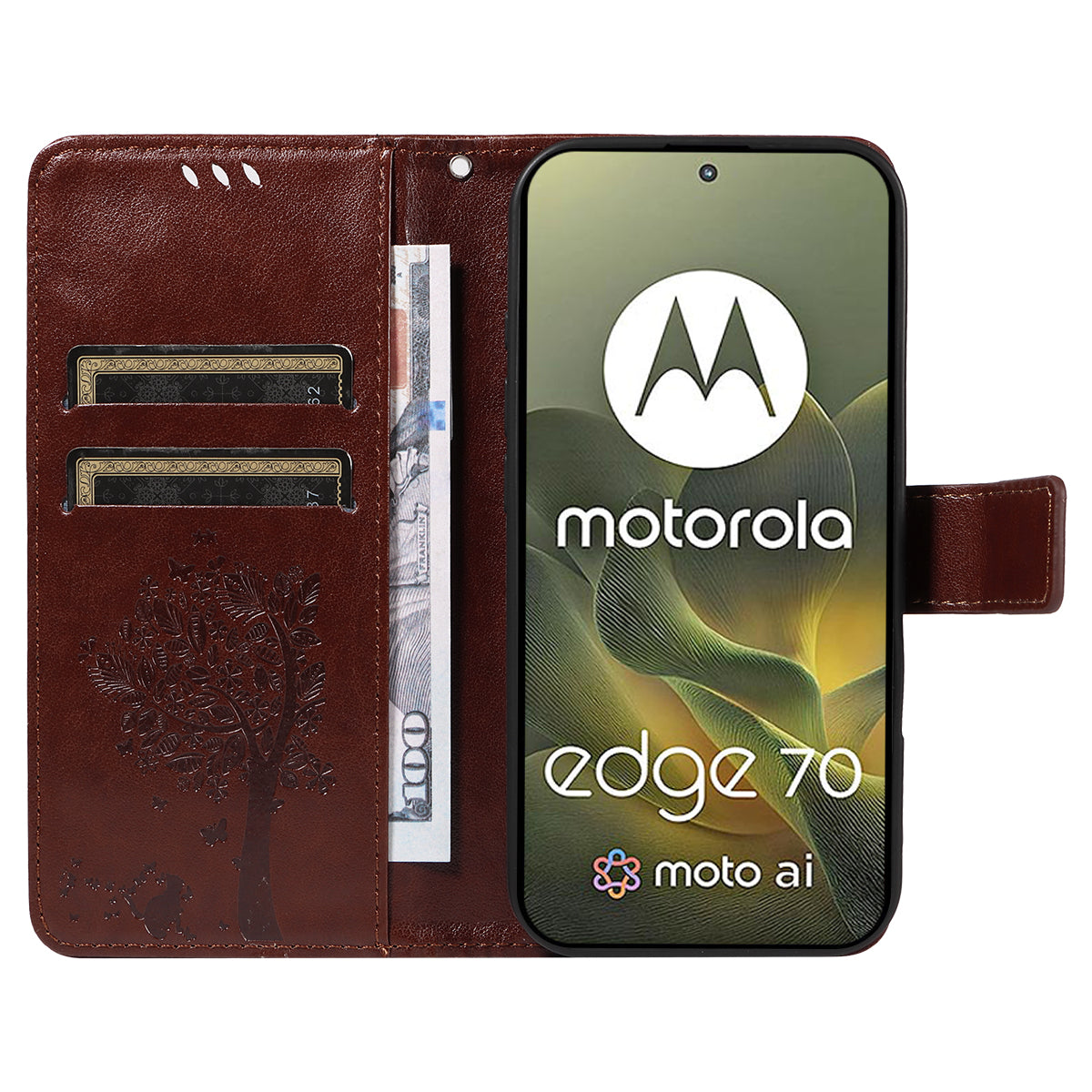 For Motorola Edge 70 5G Phone Case with Stand Cat Tree Pattern Leather Wallet Mobile Cover - Coffee