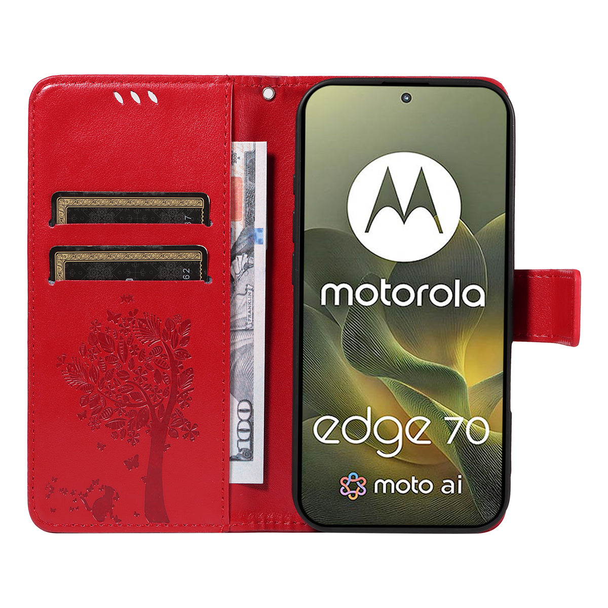 For Motorola Edge 70 5G Phone Case with Stand Cat Tree Pattern Leather Wallet Mobile Cover - Red