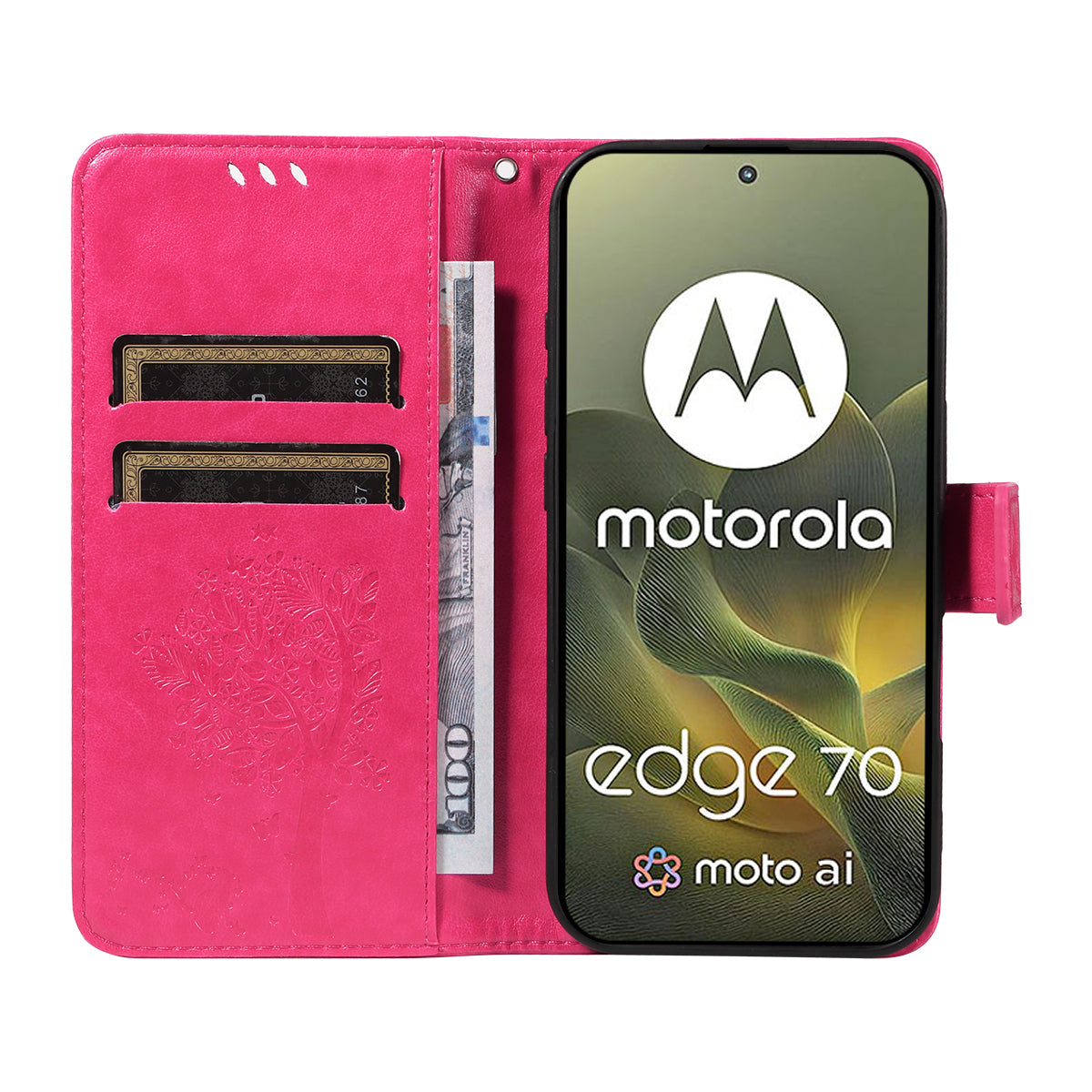 For Motorola Edge 70 5G Phone Case with Stand Cat Tree Pattern Leather Wallet Mobile Cover - Rose