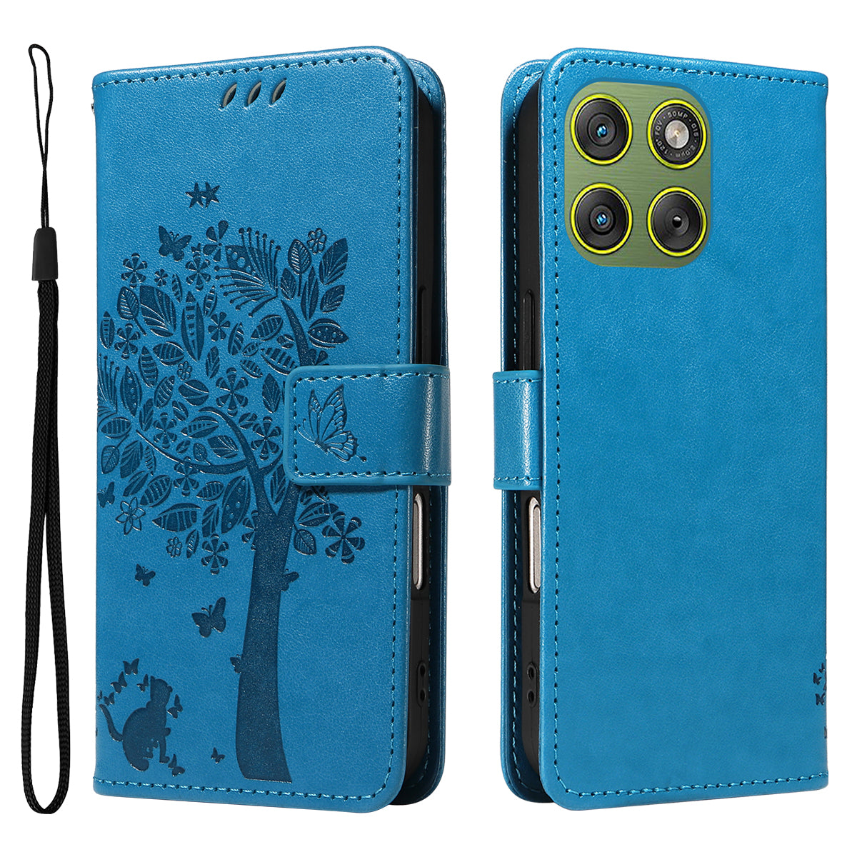 For Motorola Edge 70 5G Phone Case with Stand Cat Tree Pattern Leather Wallet Mobile Cover - Blue