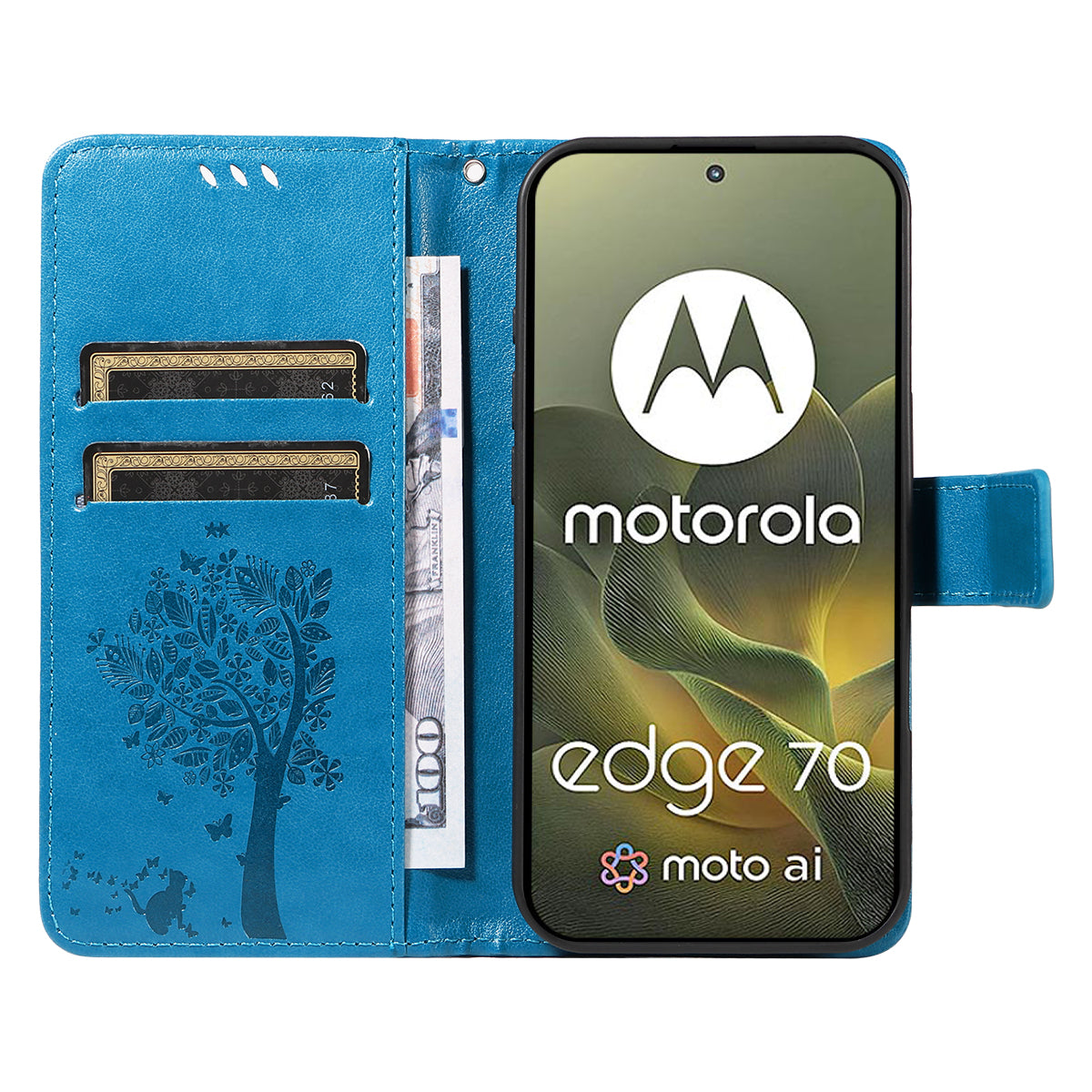 For Motorola Edge 70 5G Phone Case with Stand Cat Tree Pattern Leather Wallet Mobile Cover - Blue